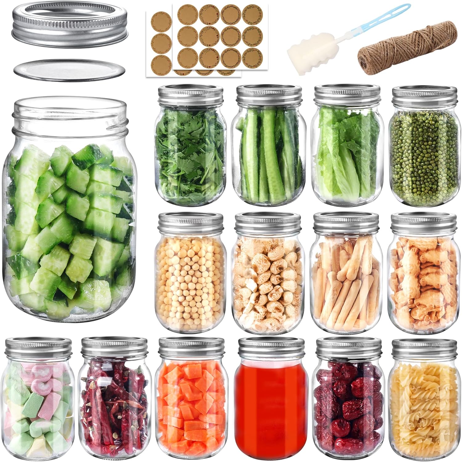 Mason Jars 16 oz with Airtight Lids and Bands, 15 Pack Regular Mouth Canning Jars, Clear Glass Pint Jars for Canning, Pickling, Food Storage, DIY Projects, 24 Labels, Brush & String Included