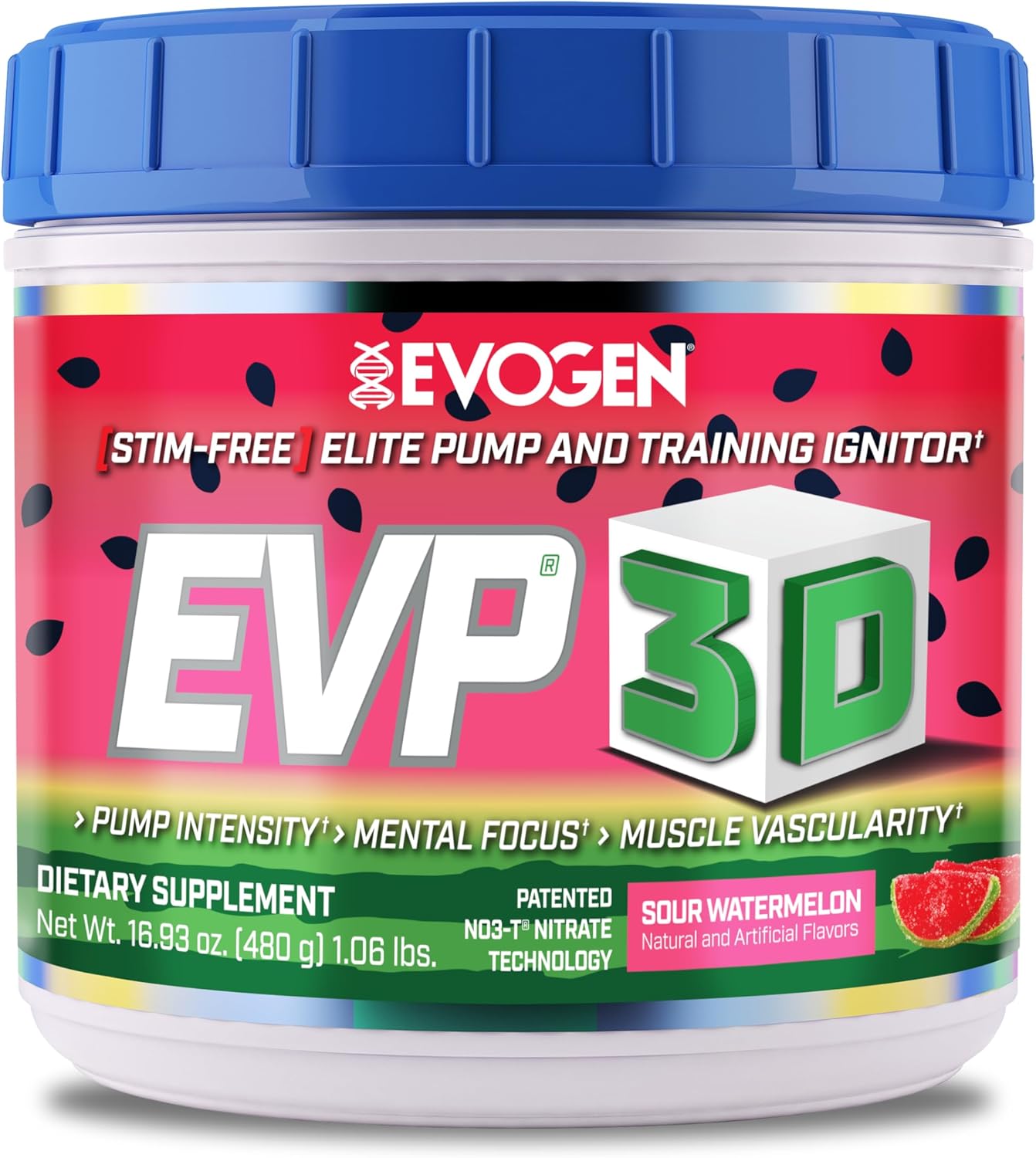 Evogen EVP 3D Stim Free Pre-Workout | Muscle Pump & Vascularity, Mental Focus, Boosts Nitric Oxide | Arginine Nitrate, L-Citrulline, Lion’s Mane | Sour Watermelon | 40 Servings