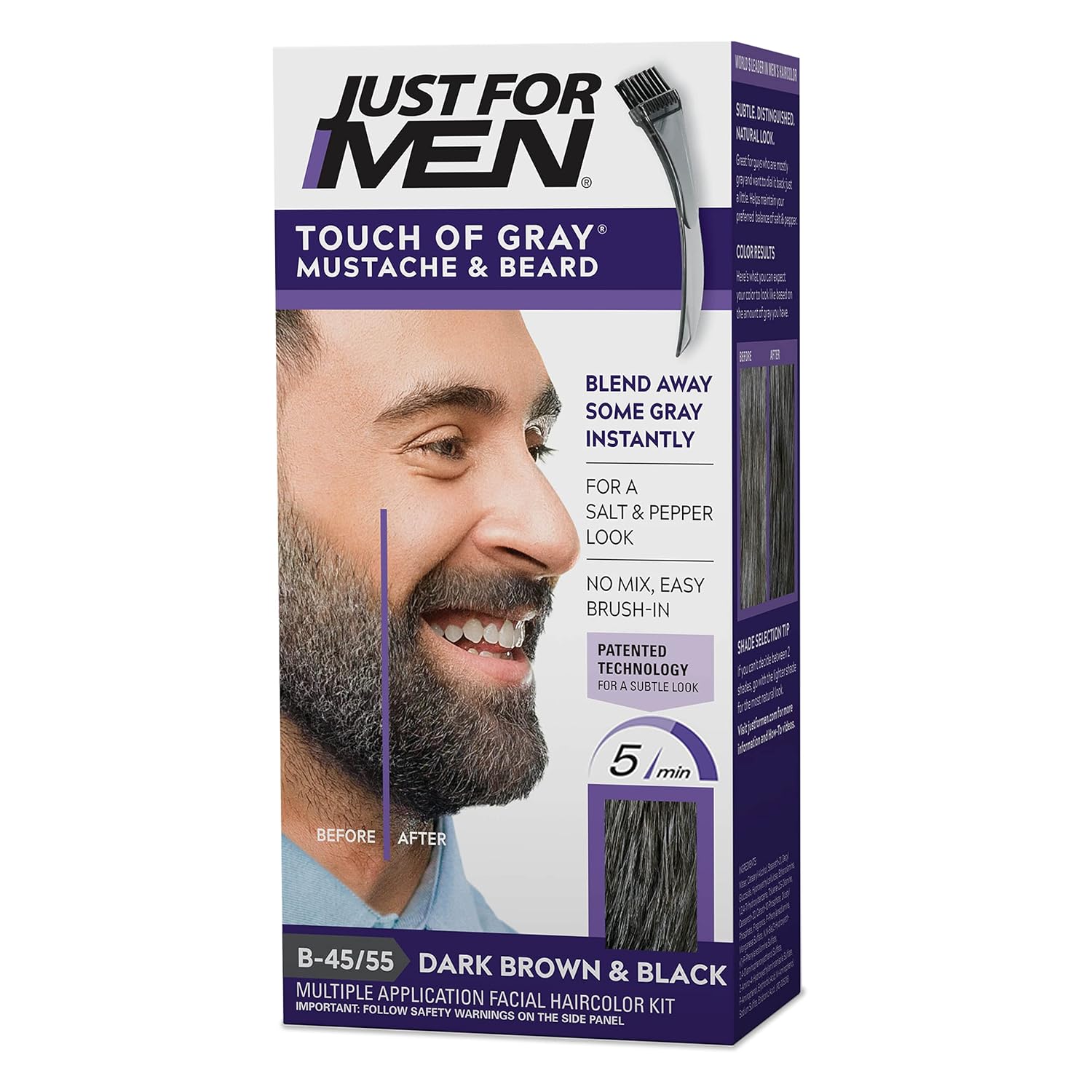 Just For Men Touch of Gray Mustache & Beard, Beard Coloring for Gray Hair with Brush Included for Easy Application, Great for a Salt and Pepper Look – Dark Brown & Black, B-45/55, Pack of 1