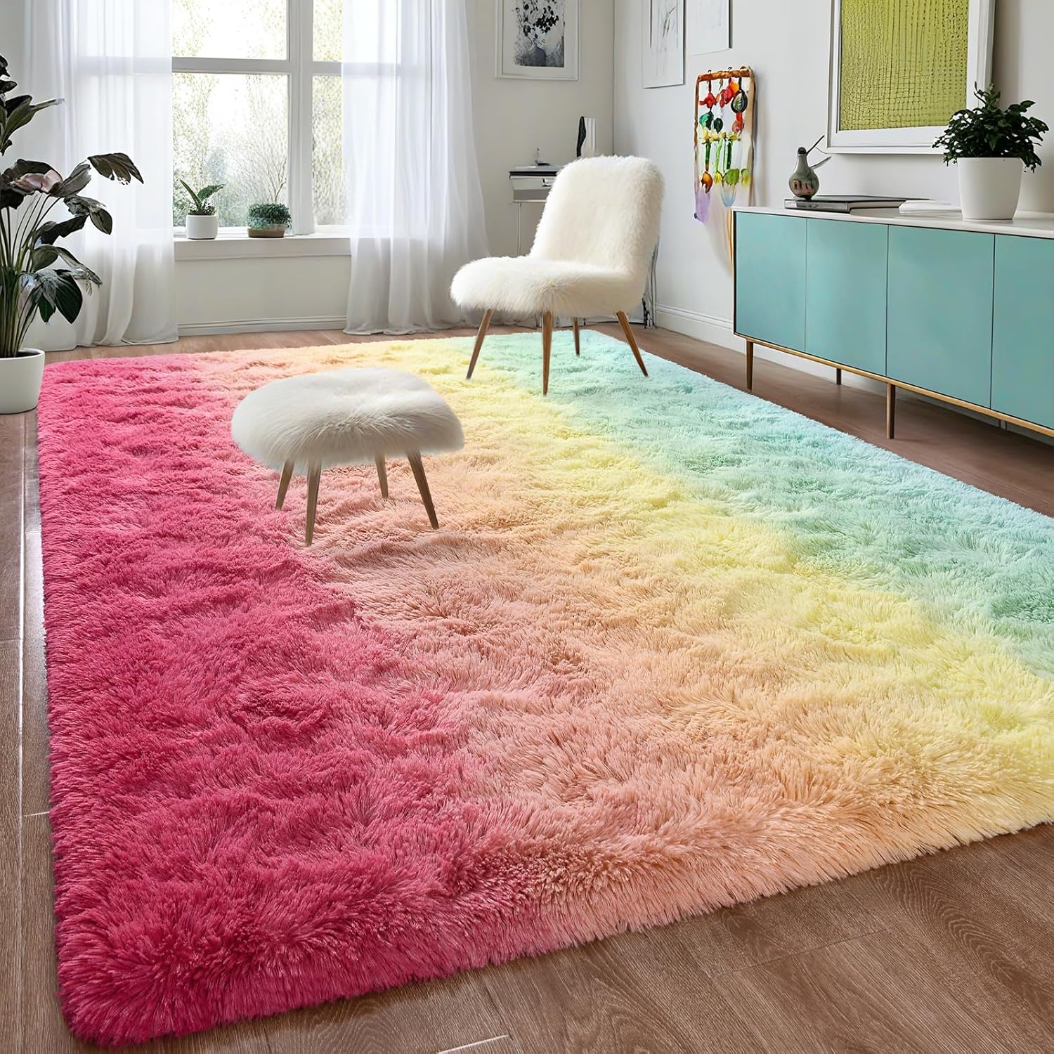 DweIke Extra Large Fluffy Area Rug, 6×9 Ft Rainbow Pink Rug Modern Indoor Living Room Bedroom Home Gradient Colorful Rugs, Shaggy Plush Faux Fur Carpets for Girls Kids Playroom Nursery Decor