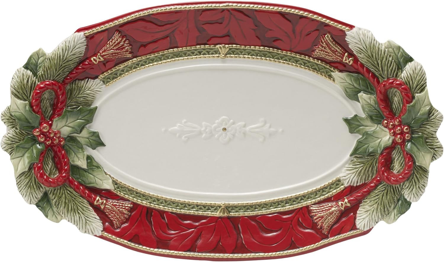 Fitz and Floyd Holiday Home Poinsettia Trim Serving Platter, 17 inch, Red