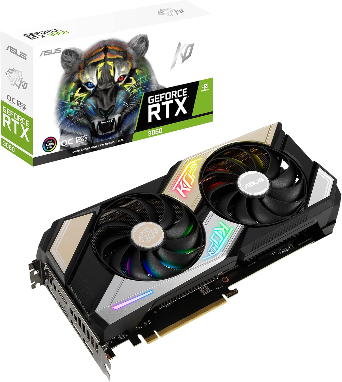 ASUS KO NVIDIA GeForce RTX 3060 V2 OC Edition 12GB GDDR6 Gaming Graphics Card (PCIe 4.0, 12GB GDDR6 memory, LHR, HDMI 2.1, DisplayPort 1.4a, Axial-tech Fan Design, 0dB technology, Enduring capacitors)