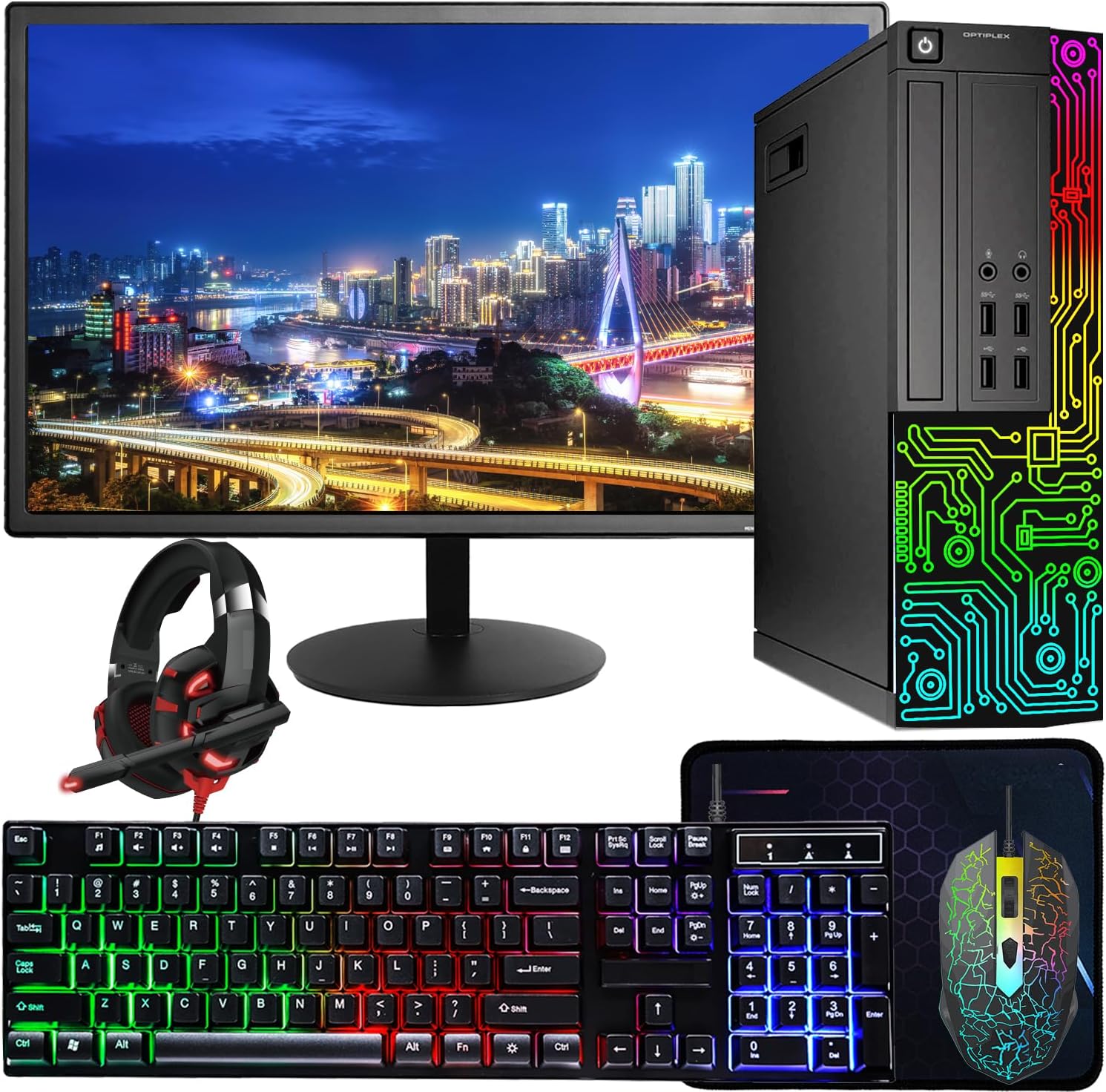 Dell OptiPlex Desktop RGB Computer PC, Intel Core i7 up to 3.8GHz, 16GB RAM, 512GB SSD, 22 Inch HDMI Monitor, RGB Keyboard Mouse, Gaming Headset, WiFi, Bluetooth, Windows 10 Pro (Renewed)