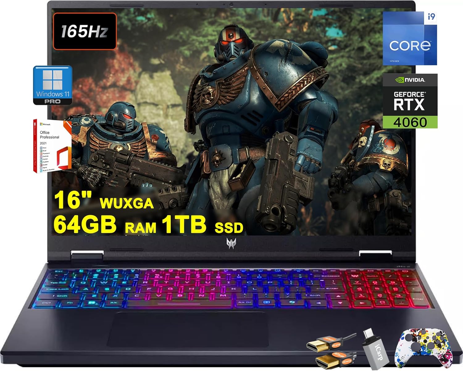 Acer Predator Helios Neo 16 Gaming Laptop 16″ WUXGA IPS 165Hz (100% sRGB) Intel 24-core i9-14900HX 64GB DDR5 1TB SSD GeForce RTX 4060 8GB RGB Backlit Killer AX1675i Office2021 Win11Pro w/ICP Accessory