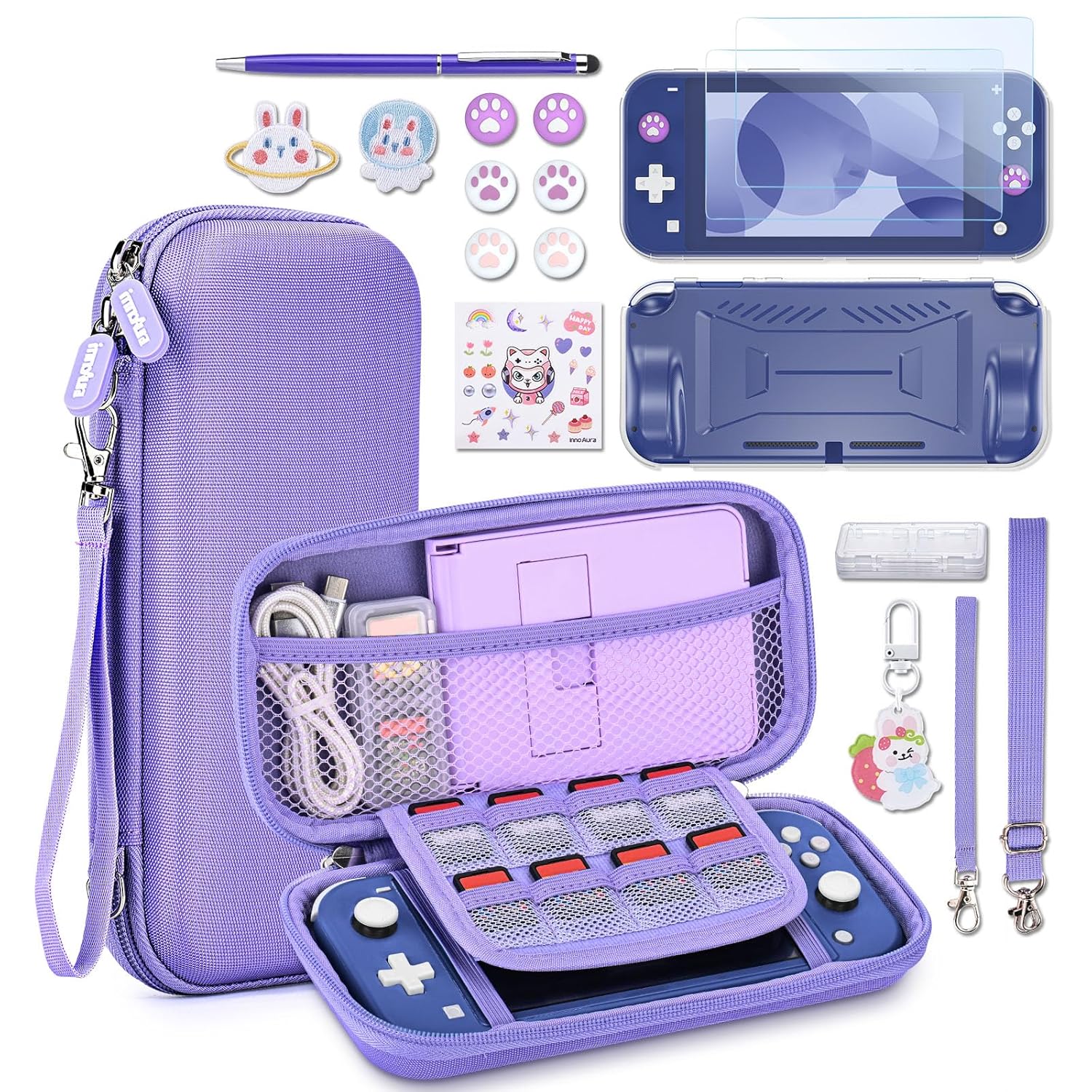 innoAura Switch Lite Case 18 in 1 Switch Lite Accessories Bundle with Switch Lite Carrying Case, Switch Game Case, Switch Lite Screen Protector, Switch Thumb Grips (Purple)