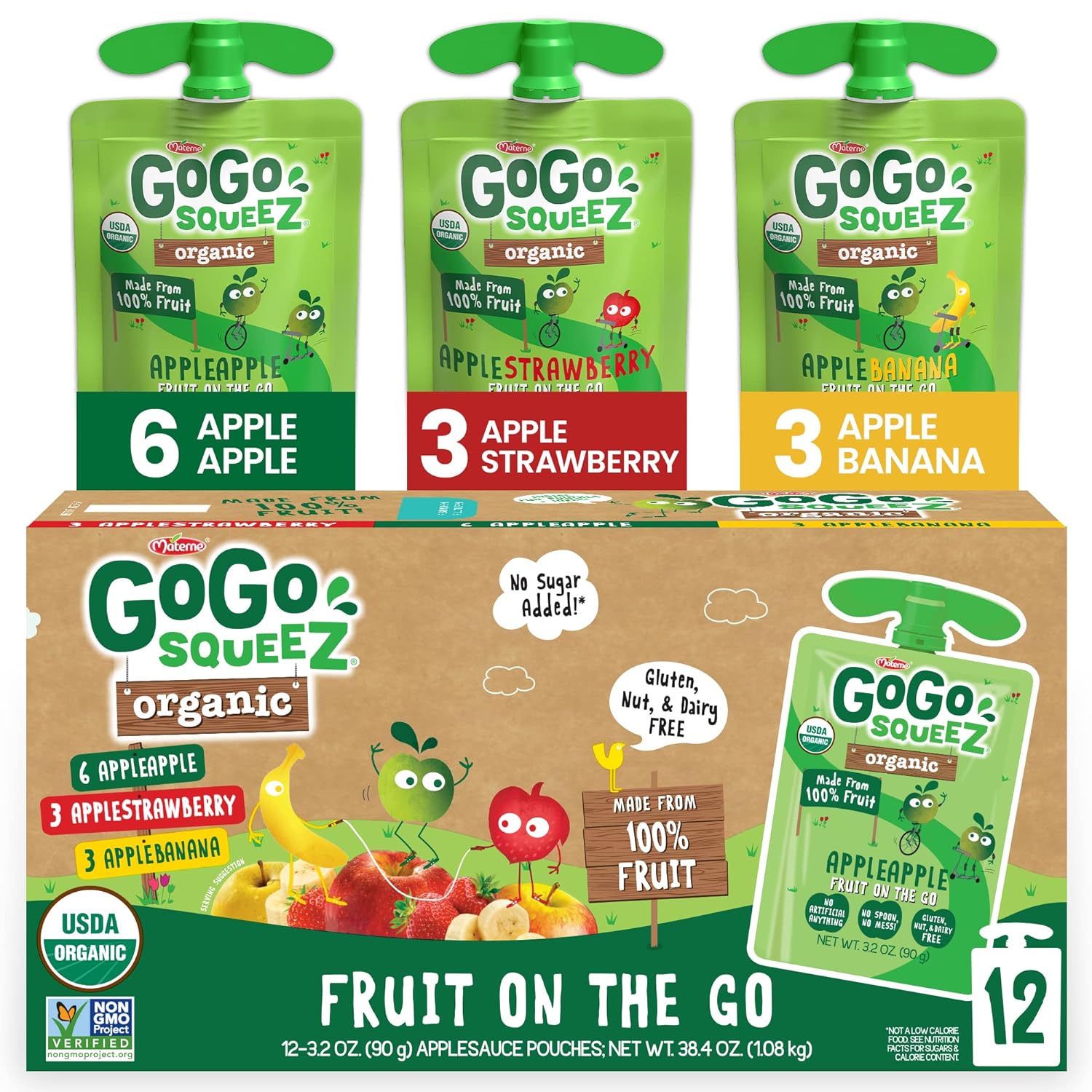 GoGo squeeZ Organic Fruit on the Go Variety Pack, Apple/Banana/Strawberry, 3.2 oz. (12 Pouches) – Made from Organic Apples, Bananas & Strawberries – Gluten Free Snacks – Nut & Dairy Free – Vegan Snack