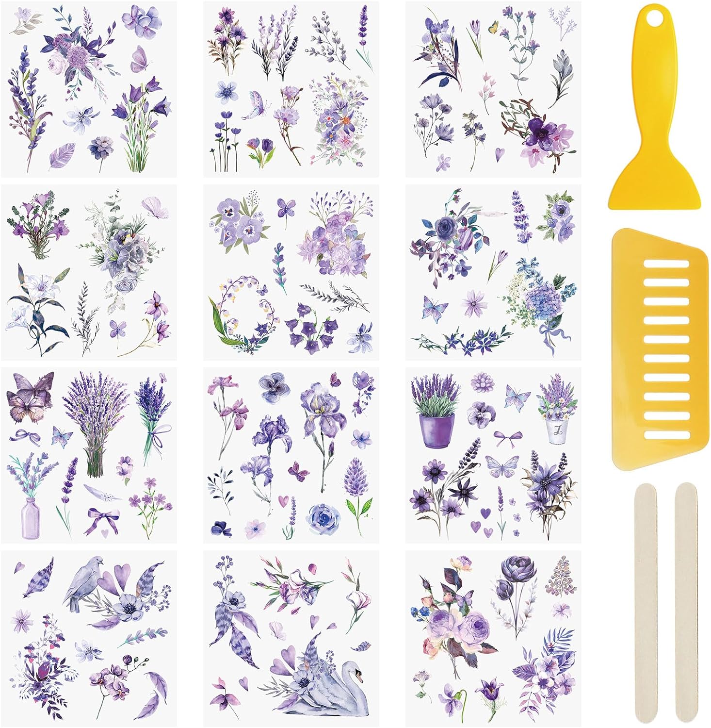 WANDIC 12 Sheets Rub On Transfer Stickers Purple Flower Decals Waterproof Decals Journal Album Stickers Furniture Craft Decals for DIY Scrapbooking