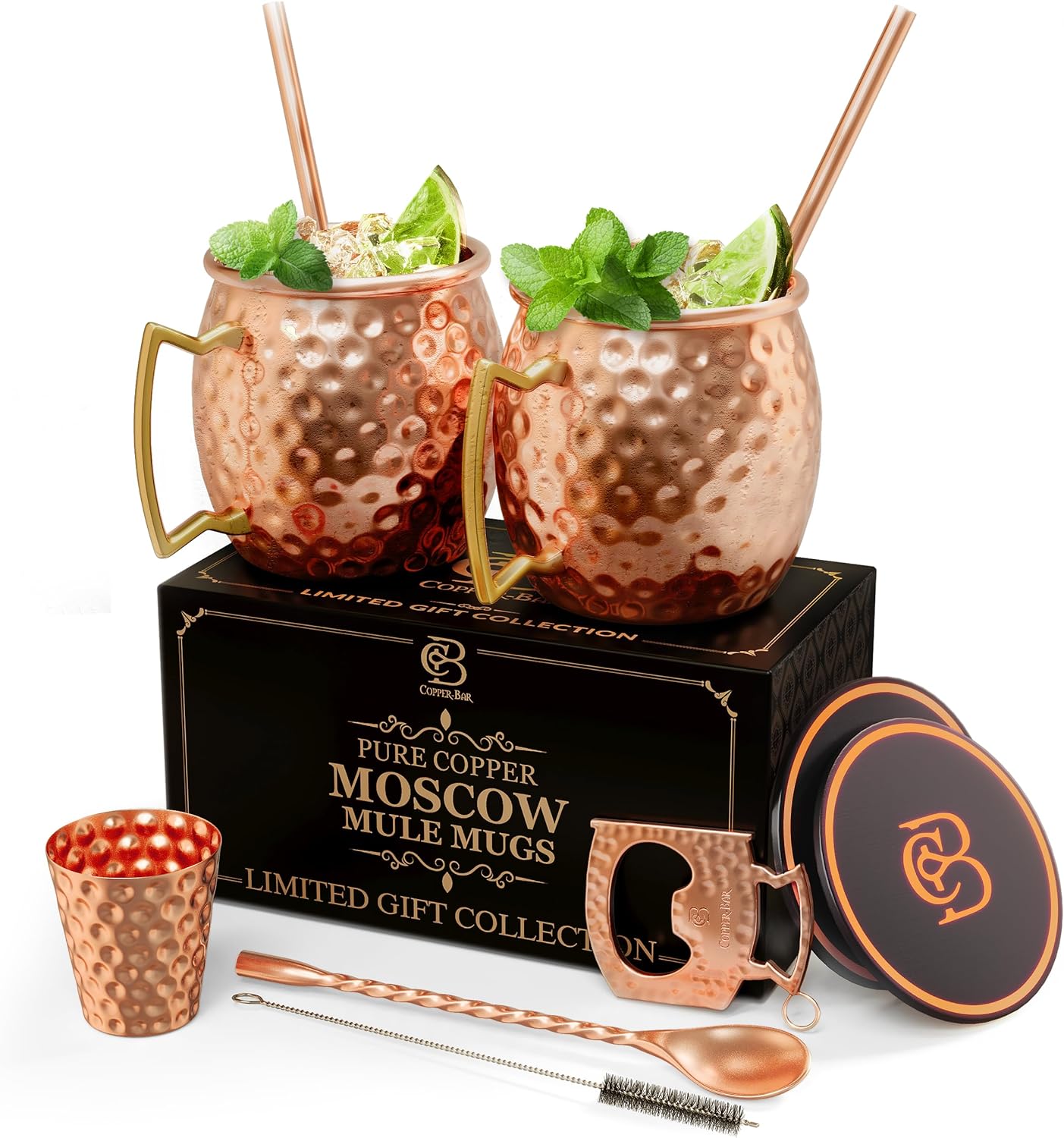 Moscow Mule Copper Mugs | Set of 2 Hammered Cups | 100% HANDCRAFTED Pure Solid Copper | Gift Set With Cocktail Straws | Shot Glass | Coasters | Copper Stirrer & Beer opener (Black)