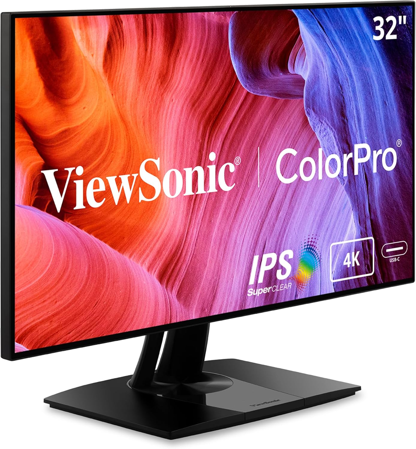 ViewSonic VP3268a-4K 32 Inch 4K UHD IPS Monitor with Advanced Ergonomics, 100% sRGB Rec 709, 14-bit 3D LUT, Eye Care, HDR10 Support, 90W USB C, RJ45, HDR10