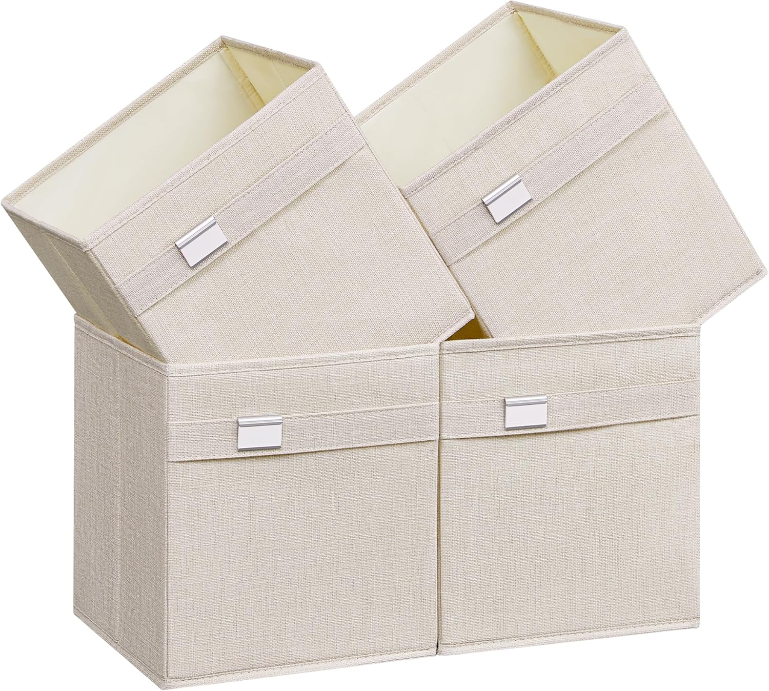 SONGMICS Storage Cubes, Set of 4 Cube Storage Bins, 10.2 x 10.2 x 11 Inches, 2 Handles, Oxford Fabric and Linen-Look Fabric, Easy to Clean, Foldable, Metal Label Holders, Cloud White UROB226W04