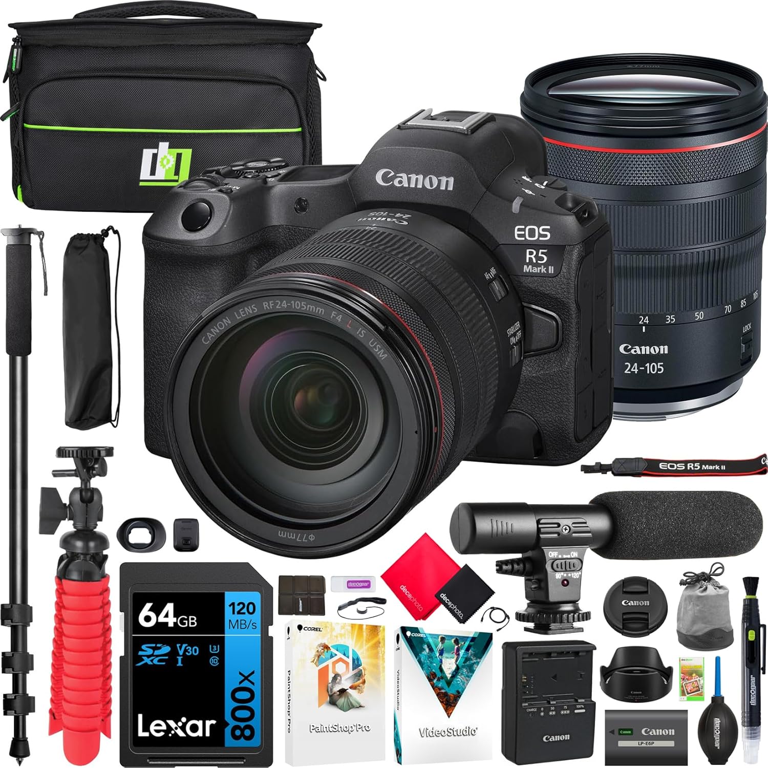 Canon EOS R5 Mark II Full Frame Mirrorless Camera Body with RF 24-105mm F4 L is USM Lens 6536C012 Bundle with Deco Gear Photography Bag + Microphone + Monopod + Software & Accessories Kit