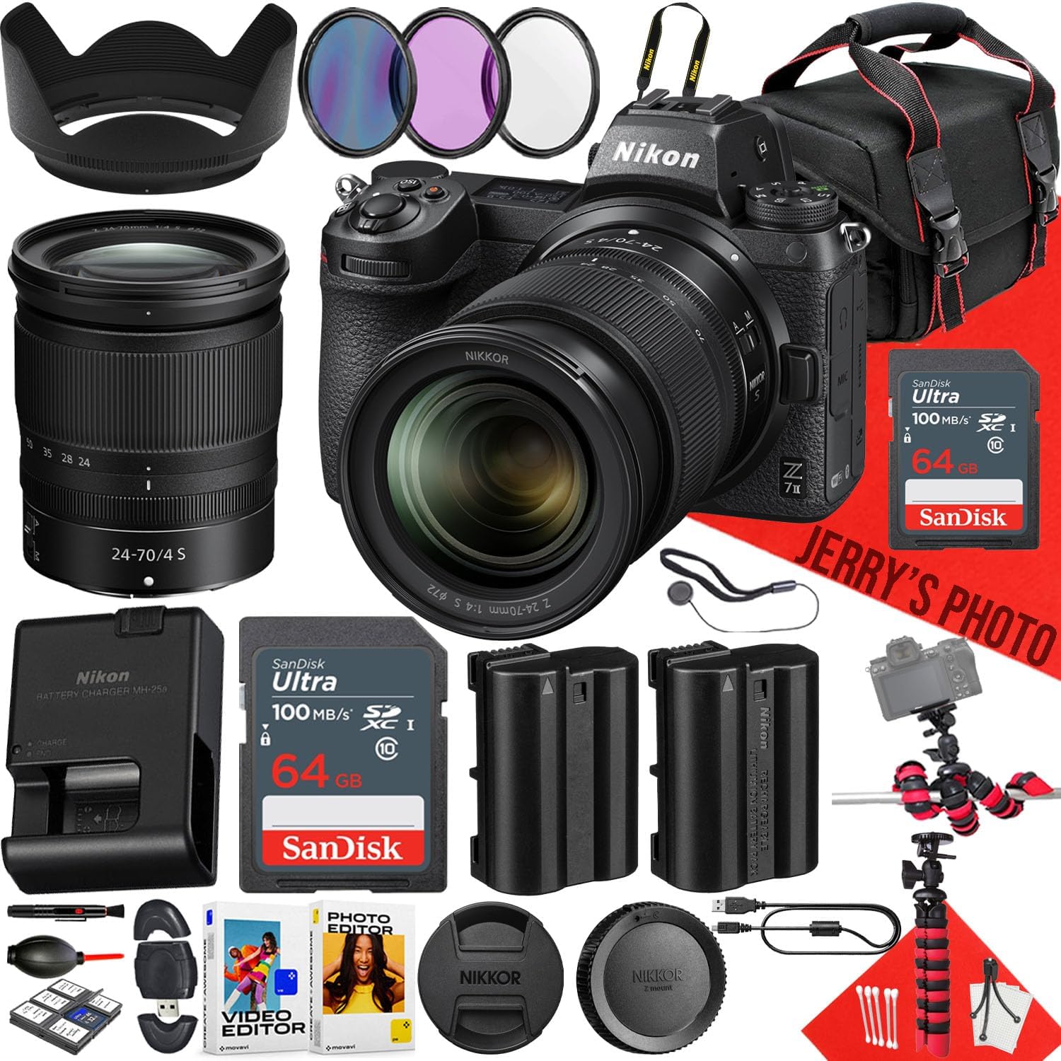 Nikon Z7 II Mirrorless Camera with NIKKOR Z 24-70mm f/4 S Lens + 2PC 64GB Memory + Hood + Extra Battery + Filters + More (29pc Bundle) (Renewed)