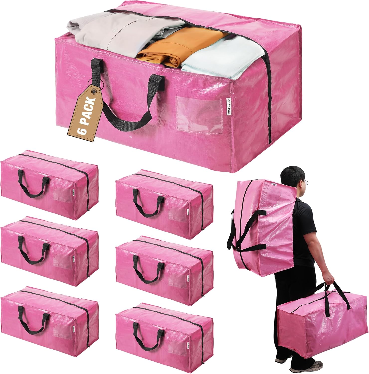 WORKPRO 6 Pack Extra Large Moving Bags with Zippers & Carrying Handles Backpack Straps, Heavy-Duty Storage Tote for Space Saving Moving Storage (Pink)