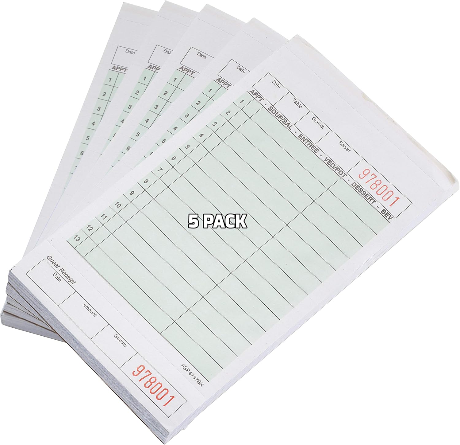 [5 PACK] Green Guest Check Pads 2 Part Carbonless – 50 Pages per Server Pad – Notepad for Waiter, Waitress and Restaurants Server Book (3.5 x 6.75 inches)