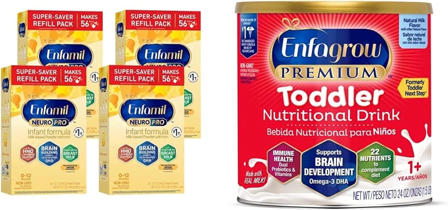 Enfamil & Enfagrow Bundle – NeuroPro Baby Formula Refill Box 31.4 Oz (Pack of 4) and Enfagrow Toddler Nutritional Drink 24 oz. Powder Can