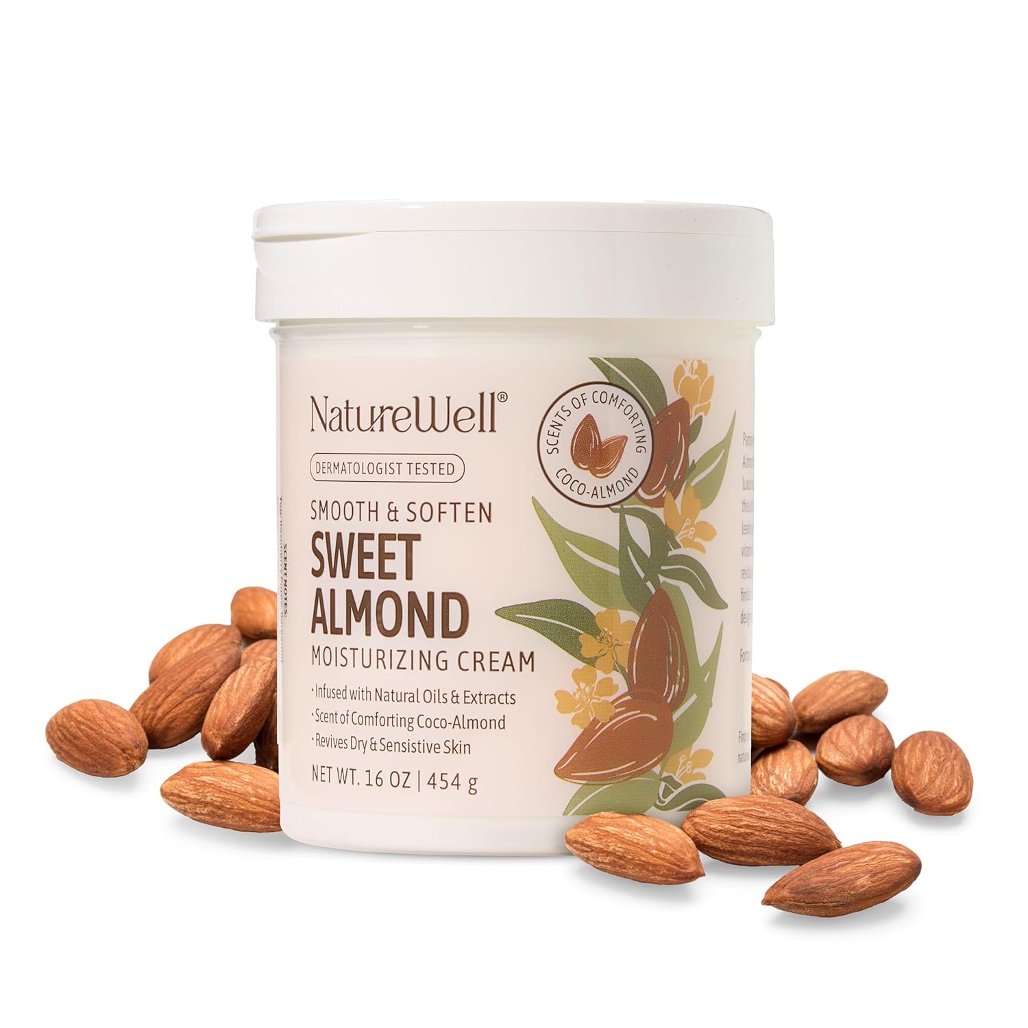 NATURE WELL Sweet Almond Smooth & Soften Gentle Moisturizing Cream For Face, Body, & Hands, Infused With Natural Oils & Extracts, Restores Skin Moisture Barrier, 16 Oz