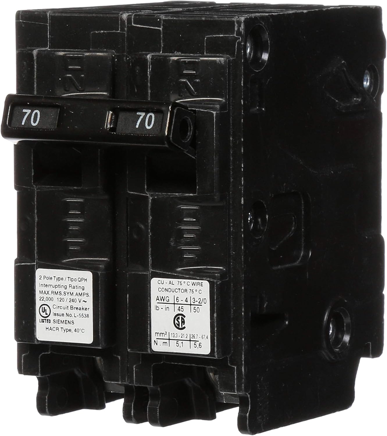 SIEMENS Q270H 70-Amp Double Pole 22kA Type QPH Circuit Breaker