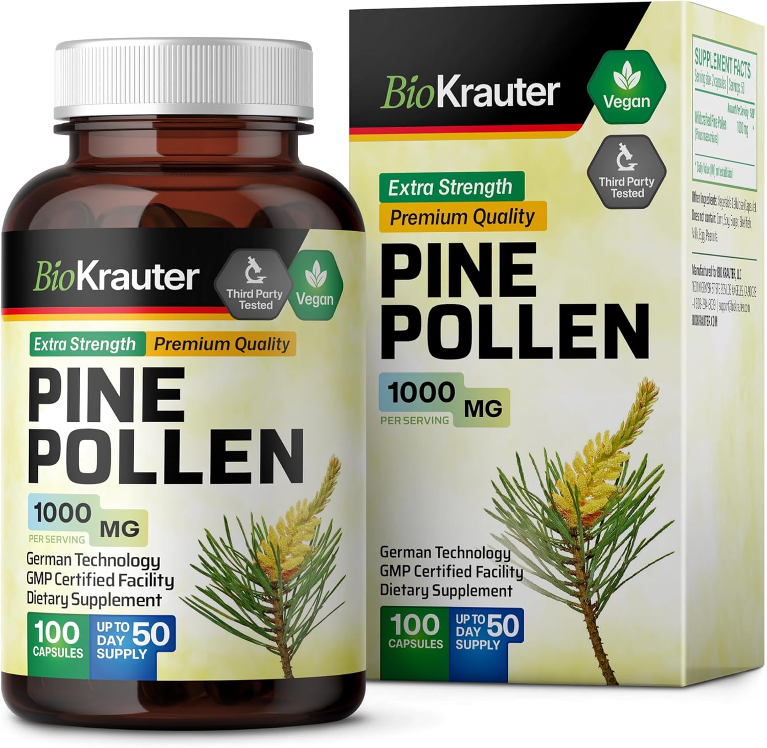 BIO KRAUTER Pine Pollen Powder Capsules – Pine Pollen Capsules for Men and Women Health Support – Herbal Supplement for Immune Support – 100 Vegan Capsules