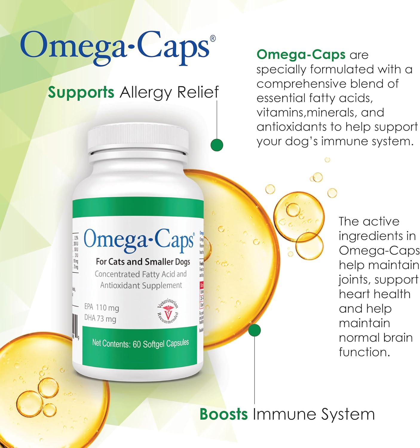 Omega-Caps for Cats and Small Breeds – Omega 3, Vitamins, Minerals, Antioxidants – Support Immune System, Joints, Heart, and Brain – 60 Softgel Capsules