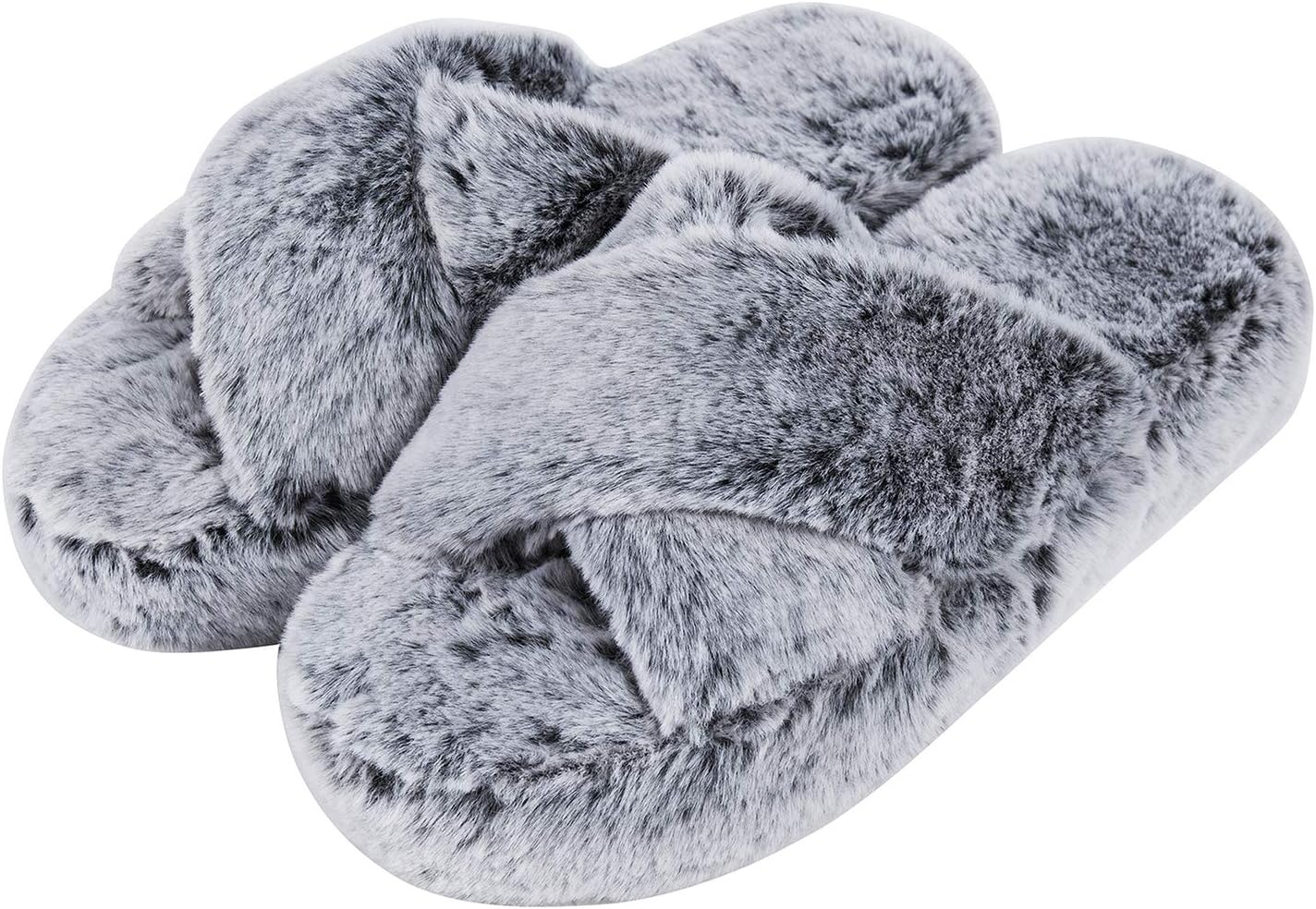 DL Fluffy Womens House Slippers Cross Band Open Toe, Soft Plush Fleece Bedroom Slippers Women Memory Foam, Comfy Fuzzy Slip On Non-Slip Womens Slippers Indoor Pink Gray Black White