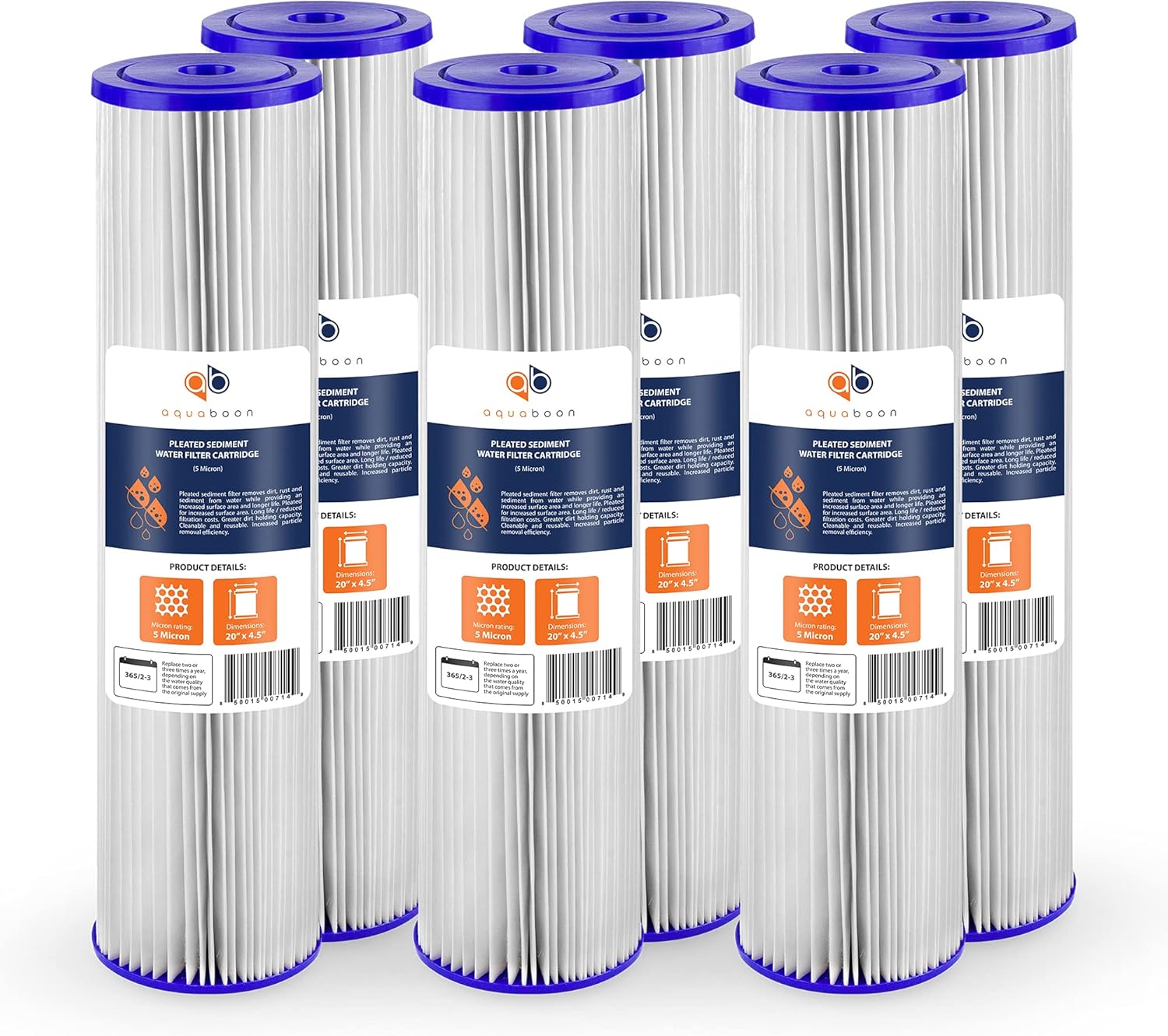 Aquaboon Whole House Sediment Water Filter – 4.5 x 20 Water Filter – 5 Micron Pleated Whole House Water Filter Cartridge Compatible w/AquaPure AP810 2, Pentek ECP5-BB, Hydronix SPC-45-1005 (6 Pack)