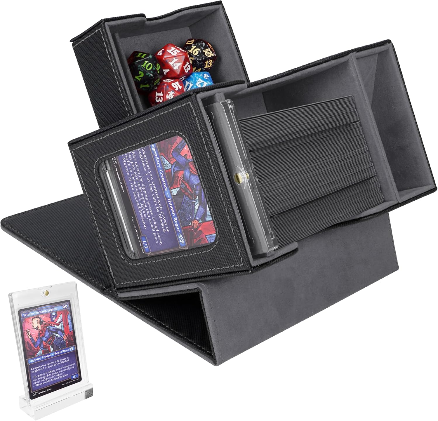 AFIING MTG Deck Box for Commander Display,Card Deck box Fit 100 Double-Sleeved Cards,MTG Card Storage Box with 35pt Magnetic Card Brick and Dice Tray with Dice Tower(Black/Grey)