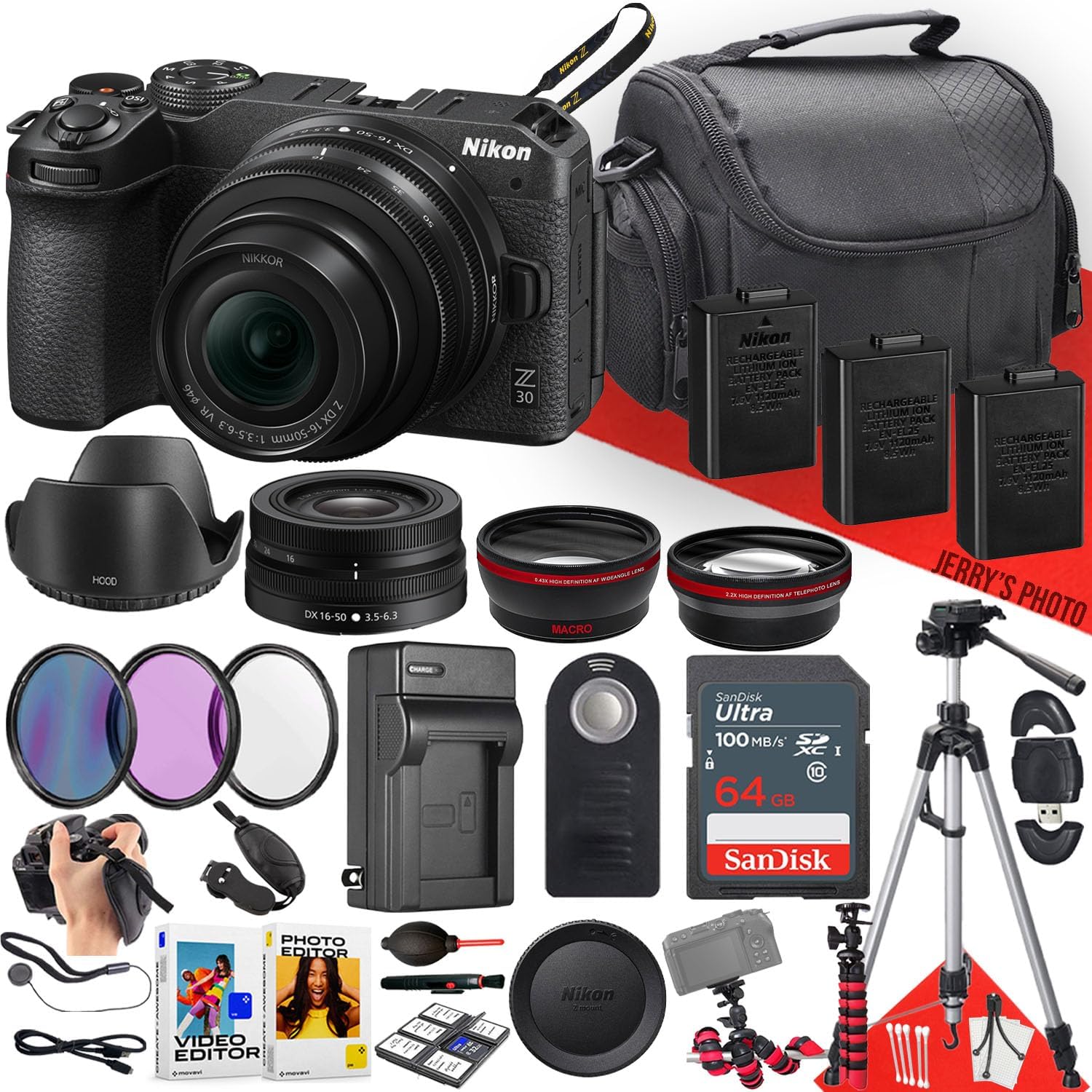 Nikon Z30 Mirrorless Camera with NIKKOR Z DX 16-50mm F/3.5-6.3 VR Lens + 64GB Memory + 2PC Extra Battery + Remote Control + Filters + Tripod + More (31pc Bundle) (Renewed)