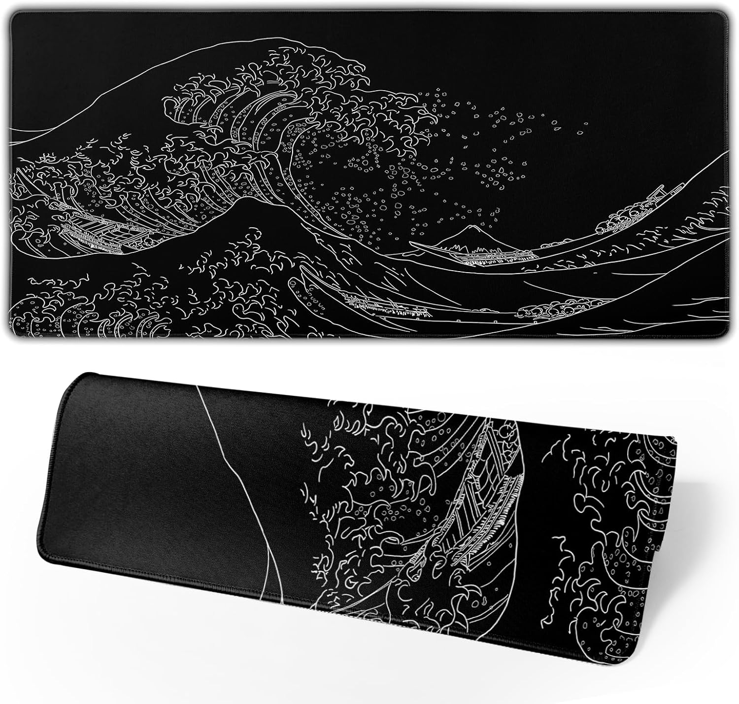 Japanese Sea Wave Large Mouse Pad, Anime Black Gaming, Extended Kanagawa Mat Desk Pad, 3mm Thick Long Non-Slip Rubber Base Mice Pad, 31.5 X 11.8 Inch