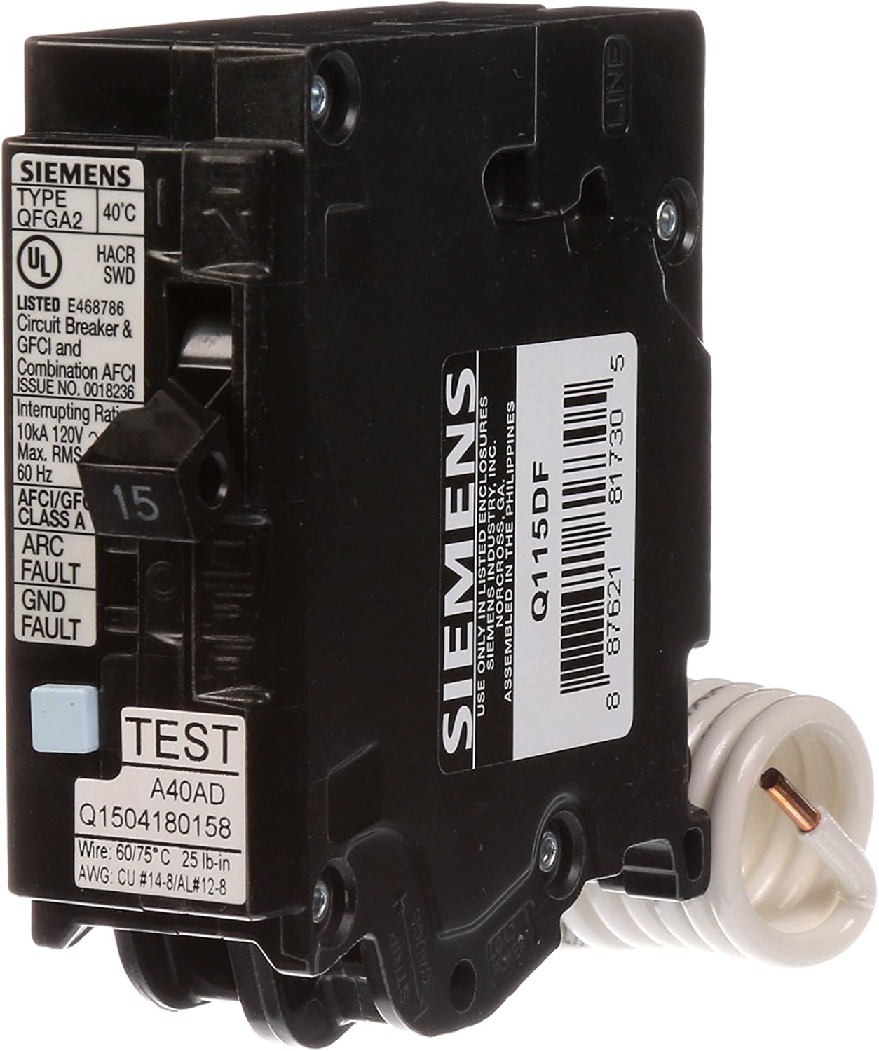 Siemens Q115DF 15-Amp Afci/Gfci Dual Function Circuit Breaker, Plug on Load Center Style