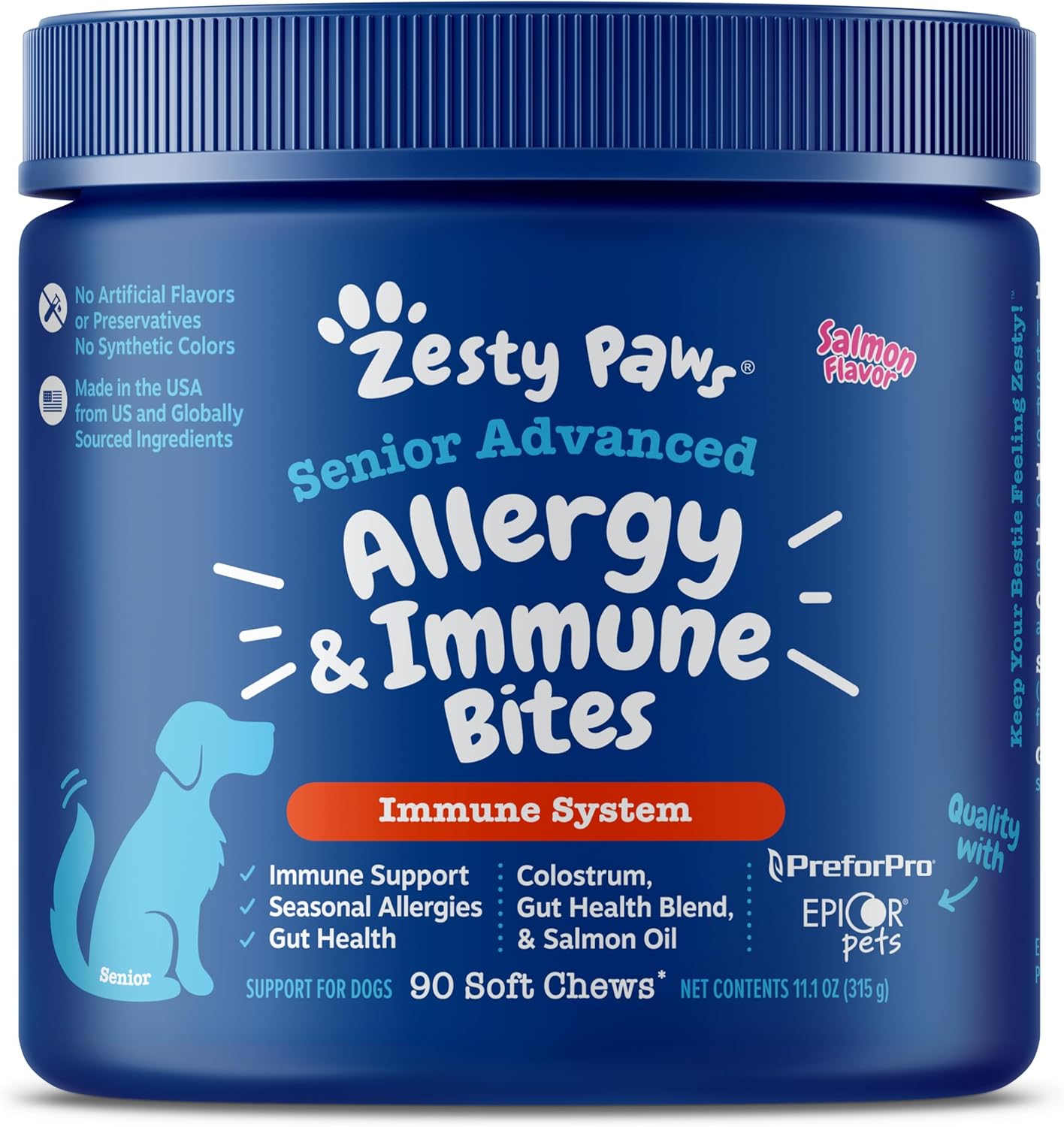 Zesty Paws Dog Allergy Relief – Anti Itch Supplement – Omega 3 Probiotics for Dogs – Digestive Health – Soft Chews for Skin & Seasonal Allergies – with Epicor Pets – Senior – Salmon – 90 Count