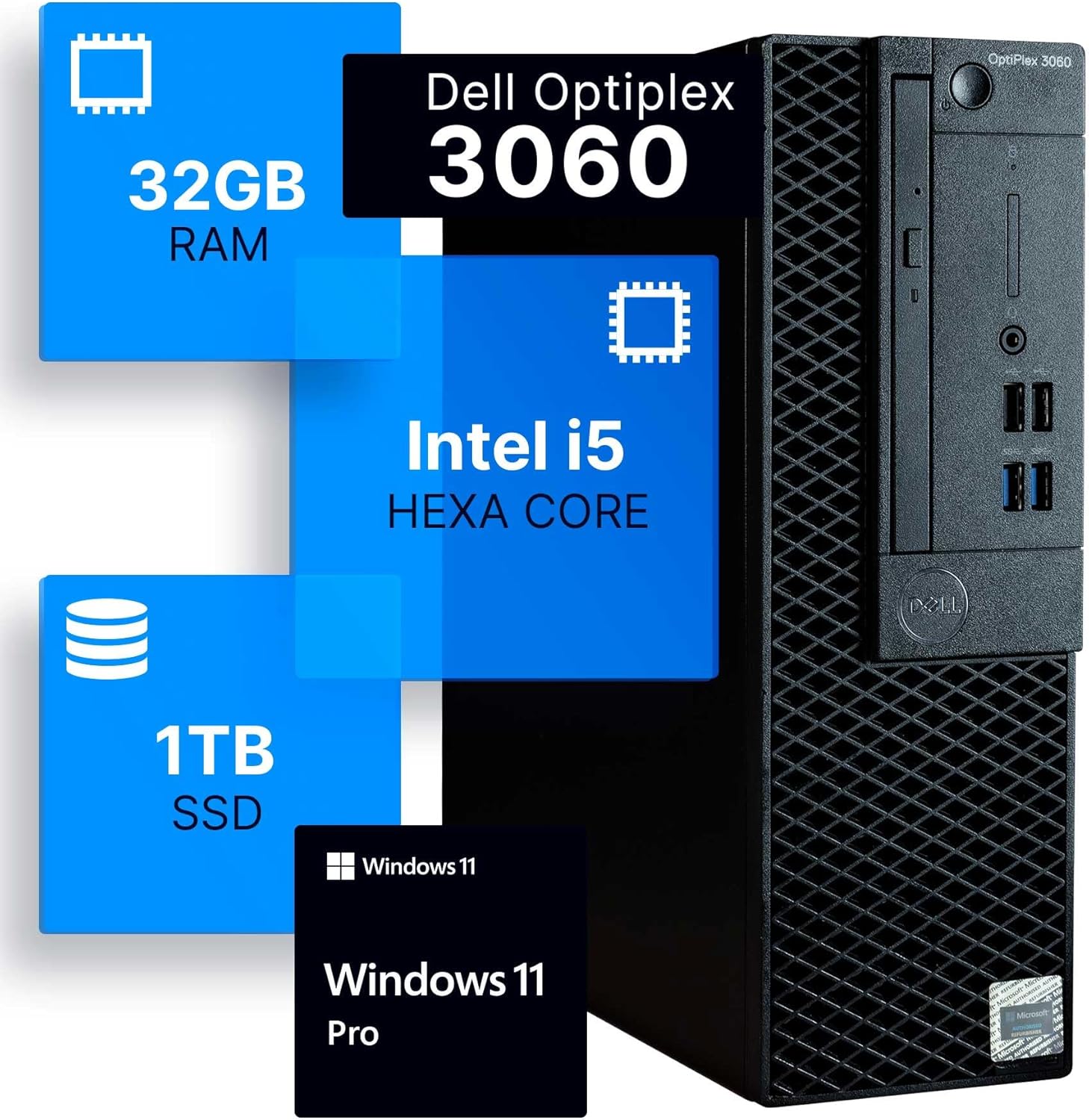 Dell Optiplex 3060 Desktop Computer | Intel i5-8500 (3.2) | 32GB DDR4 RAM | 1TB SSD Solid State | Windows 11 Professional | Home or Office PC (Renewed)