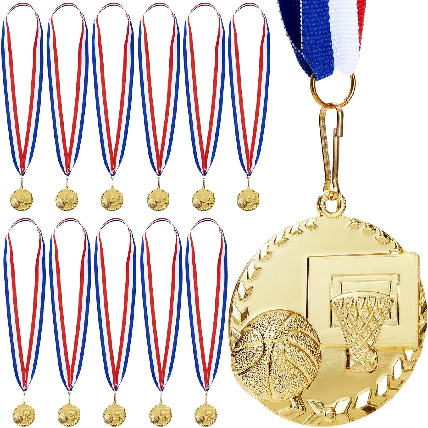 Juvale 12 Pack Award Medals for Adults – Team Participation Trophies with Red, White, and Blue Striped Ribbon, Sports Themed Party Favors (2 in, Metal, Gold)