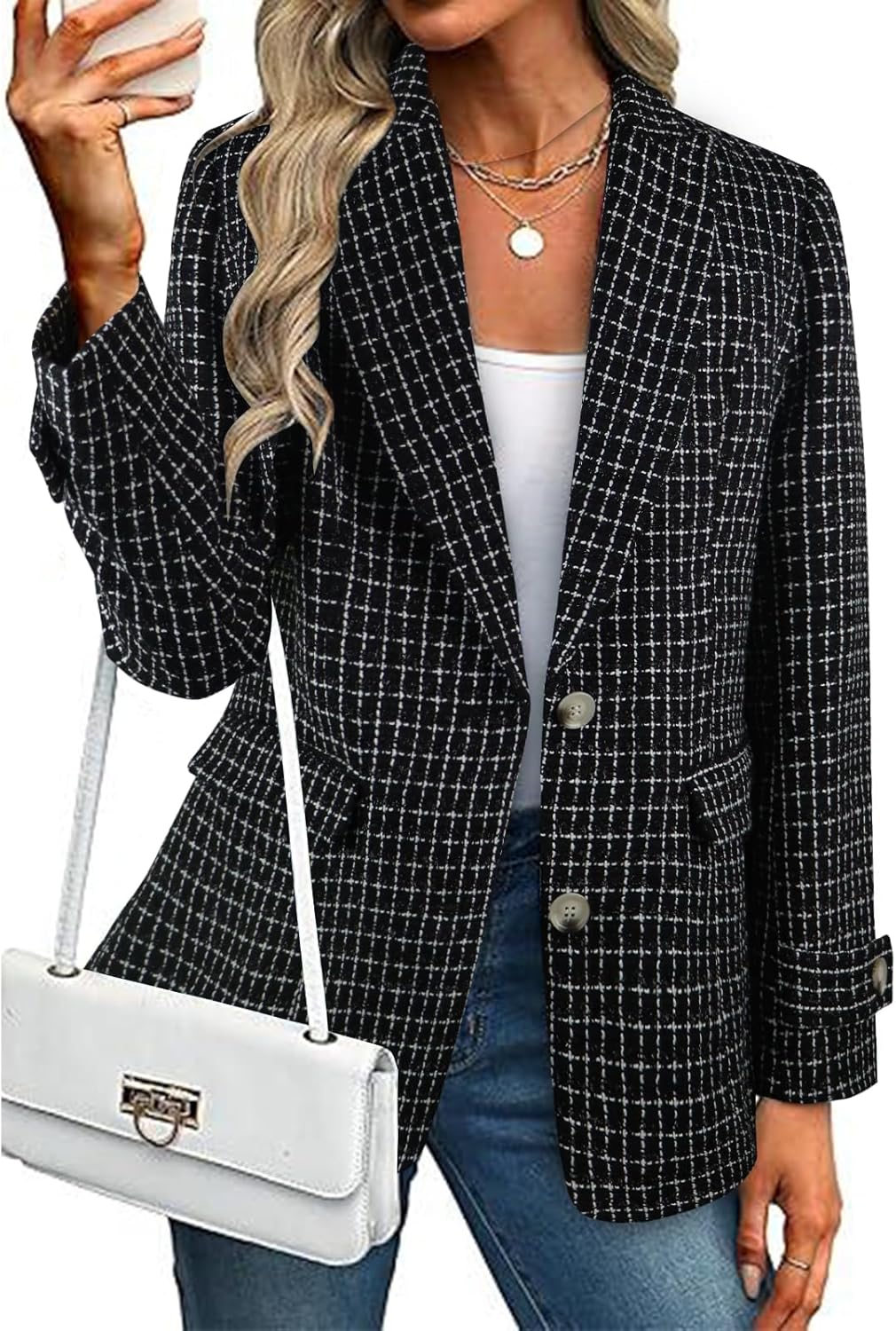 CCTOO Womens Tweed Blazers Casual Jackets Long Sleeve Oversized Open Front Plaid Blazer Jackets Work Suits with Pockets