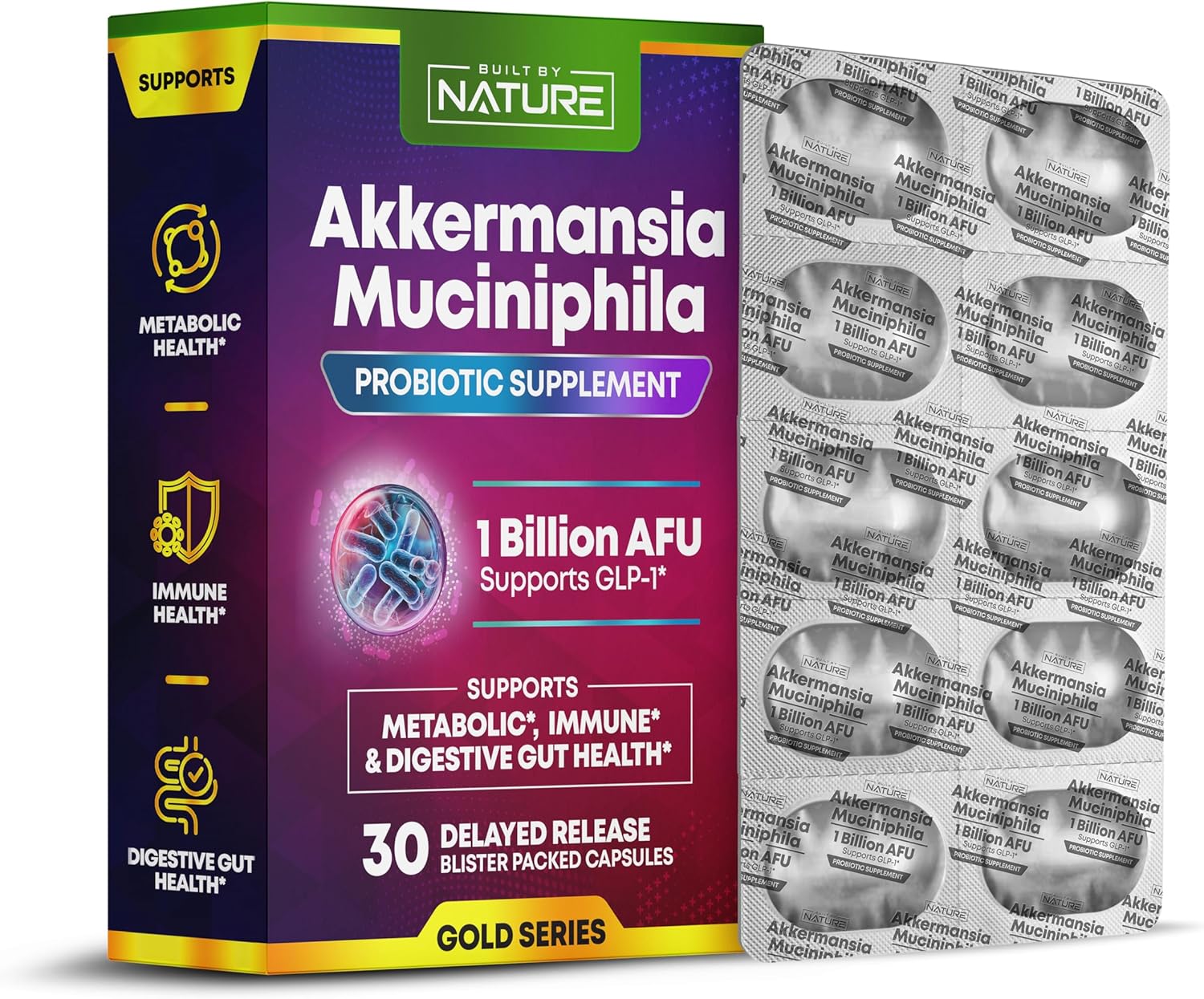 Built by Nature Akkermansia Muciniphila Probiotic Supplement – 1 Billion AFU – Supports GLP-1, Immune & Digestive Gut Health – 30 Delayed Release Blister Packed Capsules