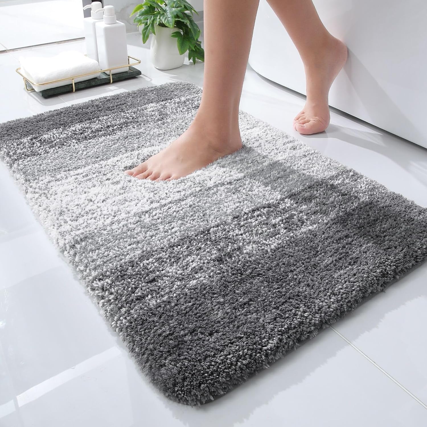 OLANLY Bathroom Rugs Mat 24×16, Extra Soft and Absorbent Microfiber Bath Rugs, Non-Slip Plush Shaggy Bath Carpet, Machine Wash Dry, Bath Mats for Bathroom Floor, Tub and Shower, Grey