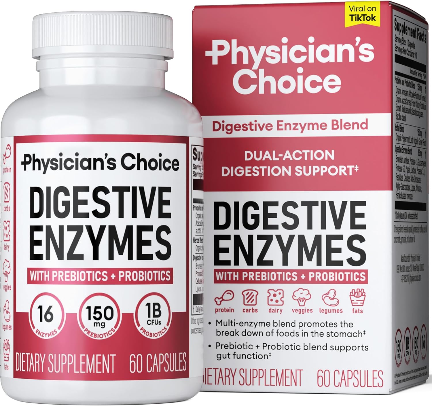 Physician’s CHOICE Digestive Enzymes – Multi Enzymes, Organic Prebiotics & Probiotics for Digestive Health & Gut Health – Meal Time Discomfort Relief & Bloating – Dual Action Approach – 60 CT