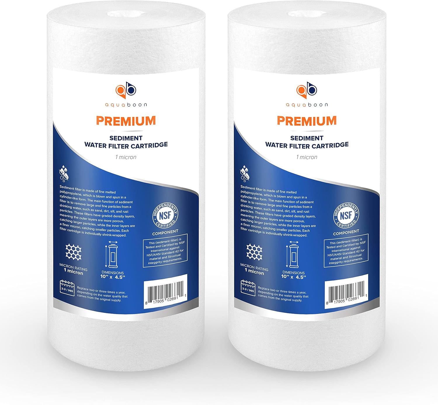 Aquaboon Premium 10” x 4.5” Sediment 1 Micron Water Filter Replacement Cartridge | Certified According to NSF | Compatible with: Pentair 155359-43, Tier1 P1-10BB, Watts FPMB-BB1-10 (2 Pack)