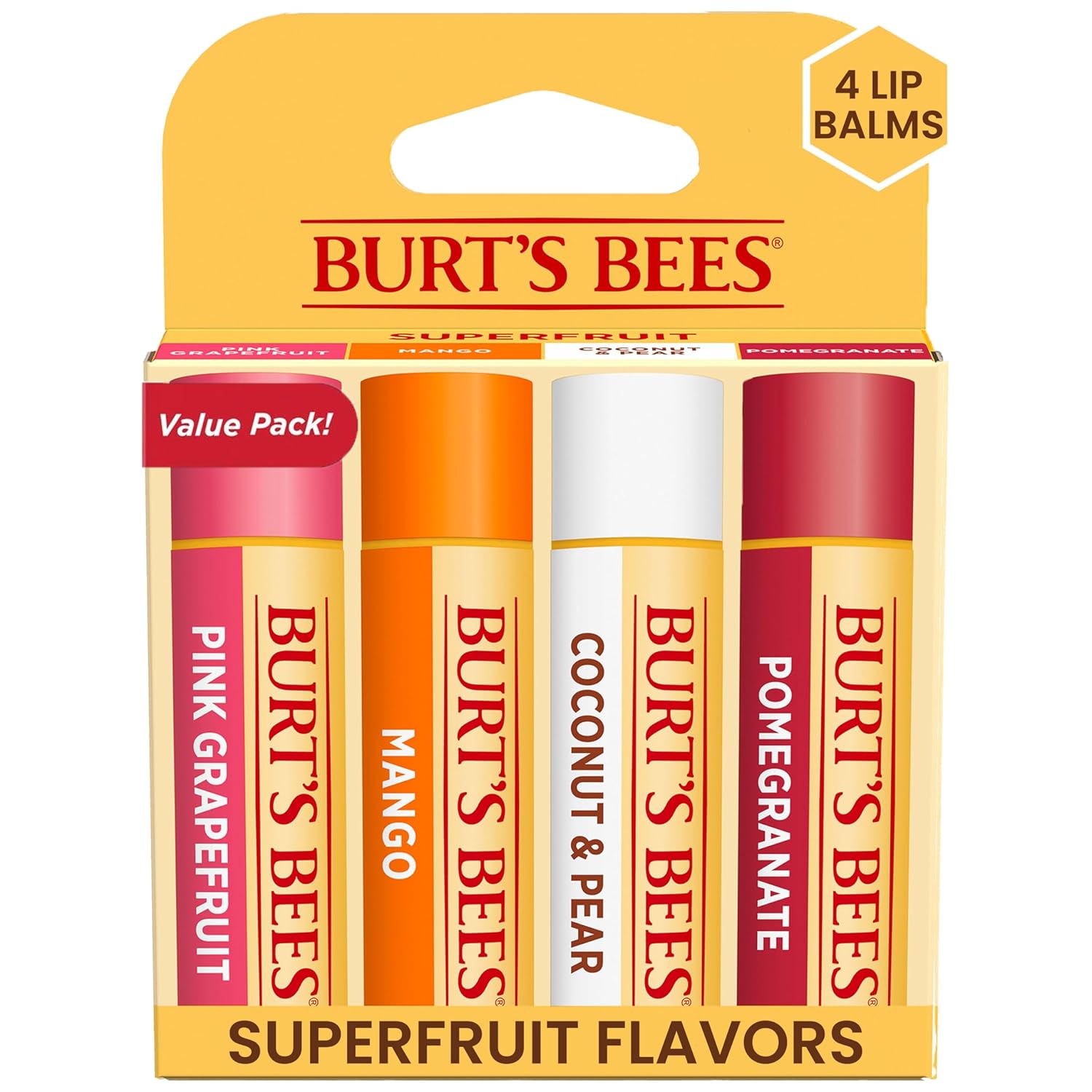 Burt’s Bees Lip Balm Stocking Stuffers, Moisturizing Lip Care Christmas Gifts, SuperFruit – Pomegranate, Coconut & Pear, Mango, Pink Grapefruit, Natural Origin Treatment (4-Pack)