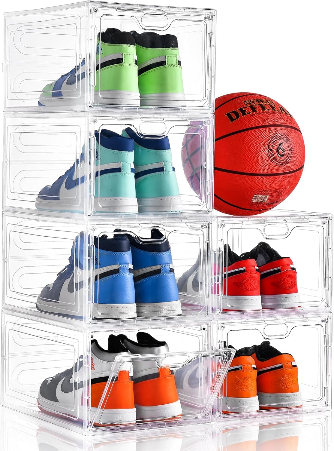 6 Pack Shoe Storage Box Clear Plastic Stackable, Shoe Box with Magnetic Door, Shoe Organizer and Shoe Containers for Sneaker Storage, Fit up to US Size 12(13.4″x 9.8″x 7.1″)