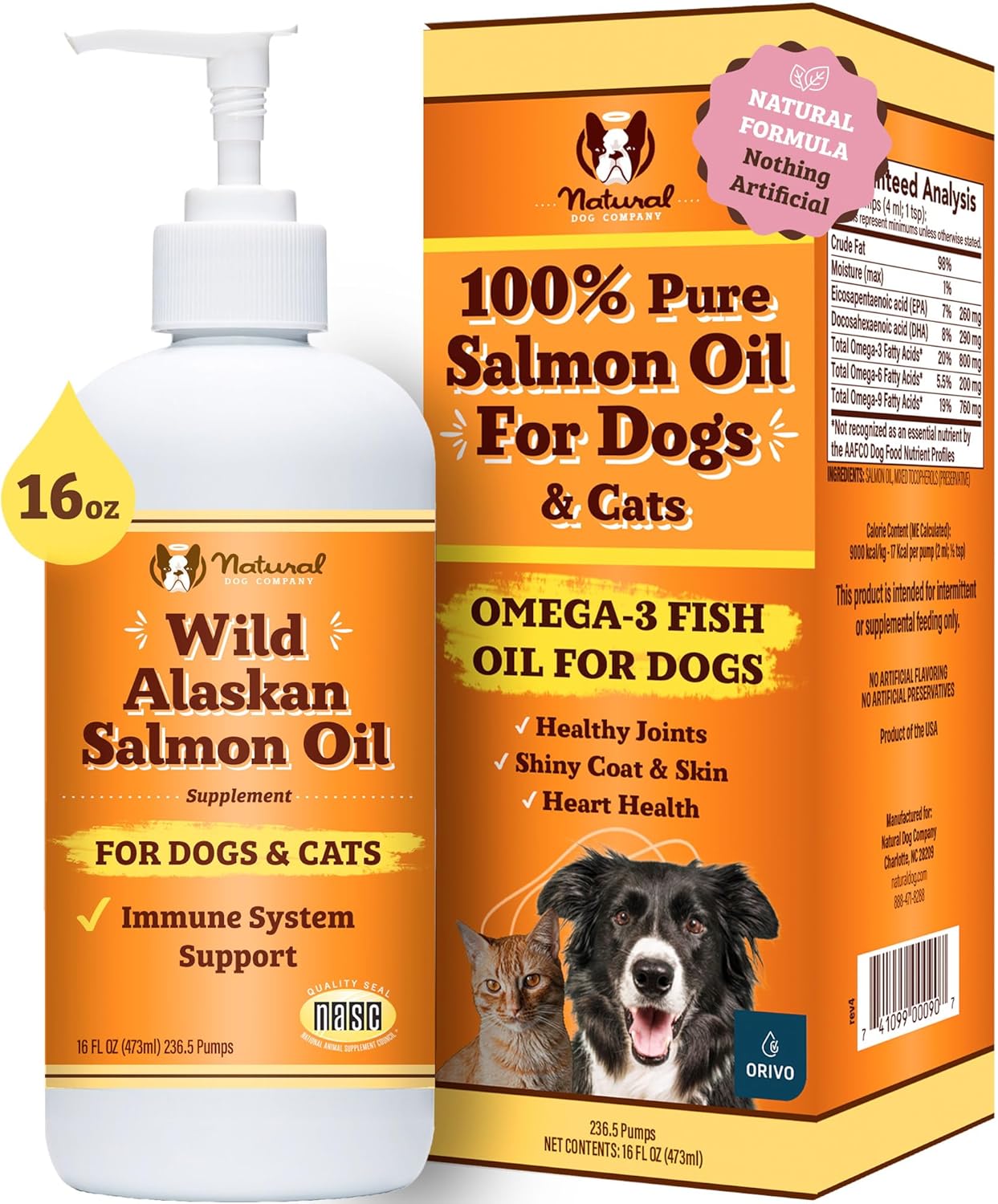 Natural Dog Company Wild-Caught Salmon Oil for Dogs (16oz) with Pump, Omega 3 Fish Oil Supplement for Joint Health, Skin & Coat, Dog Food Topper with Essential Fatty Acids, Dog Fish Oil Supplement