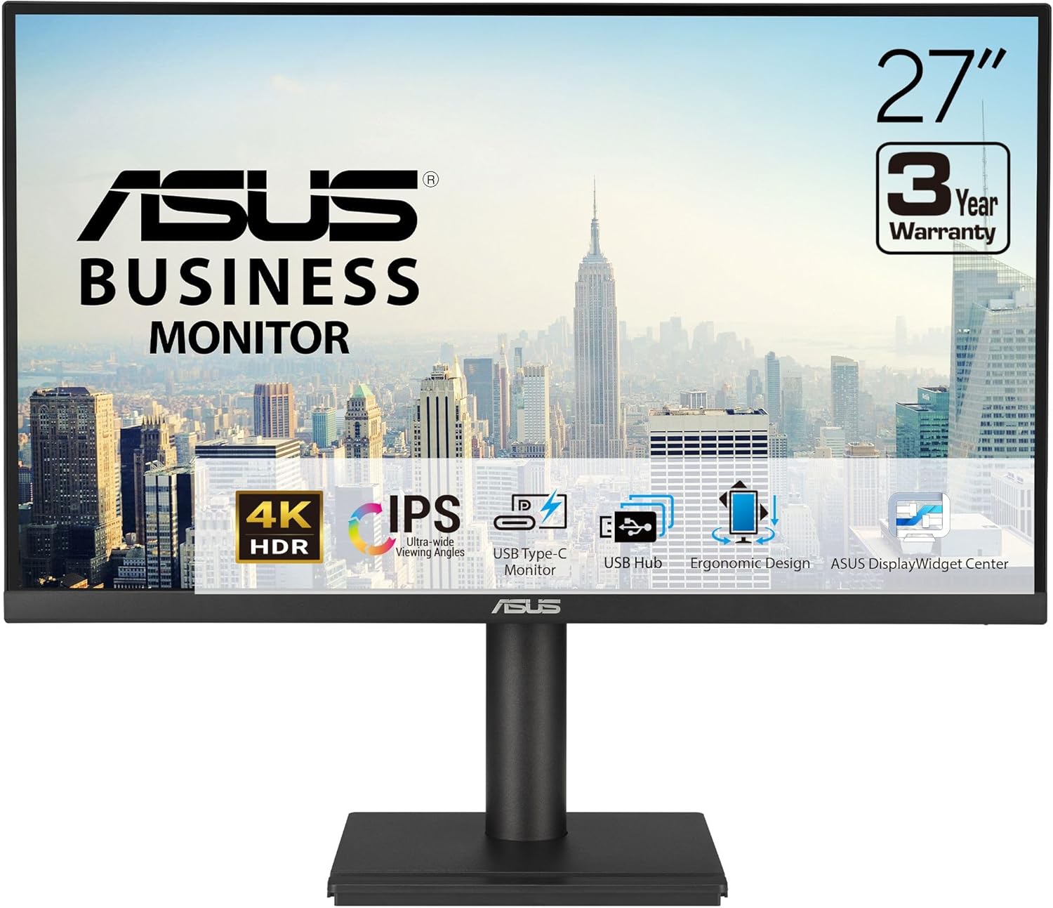 ASUS 27” 4K Business Monitor (VA27UCPS) – UHD (3840 x 2160), IPS, 99% sRGB, HDR-10, USB-C PD65W, USB Hub, Speakers, Eye Care, Ergonomic, VESA Wall Mountable, Green Sustainability, 3 yr Warranty