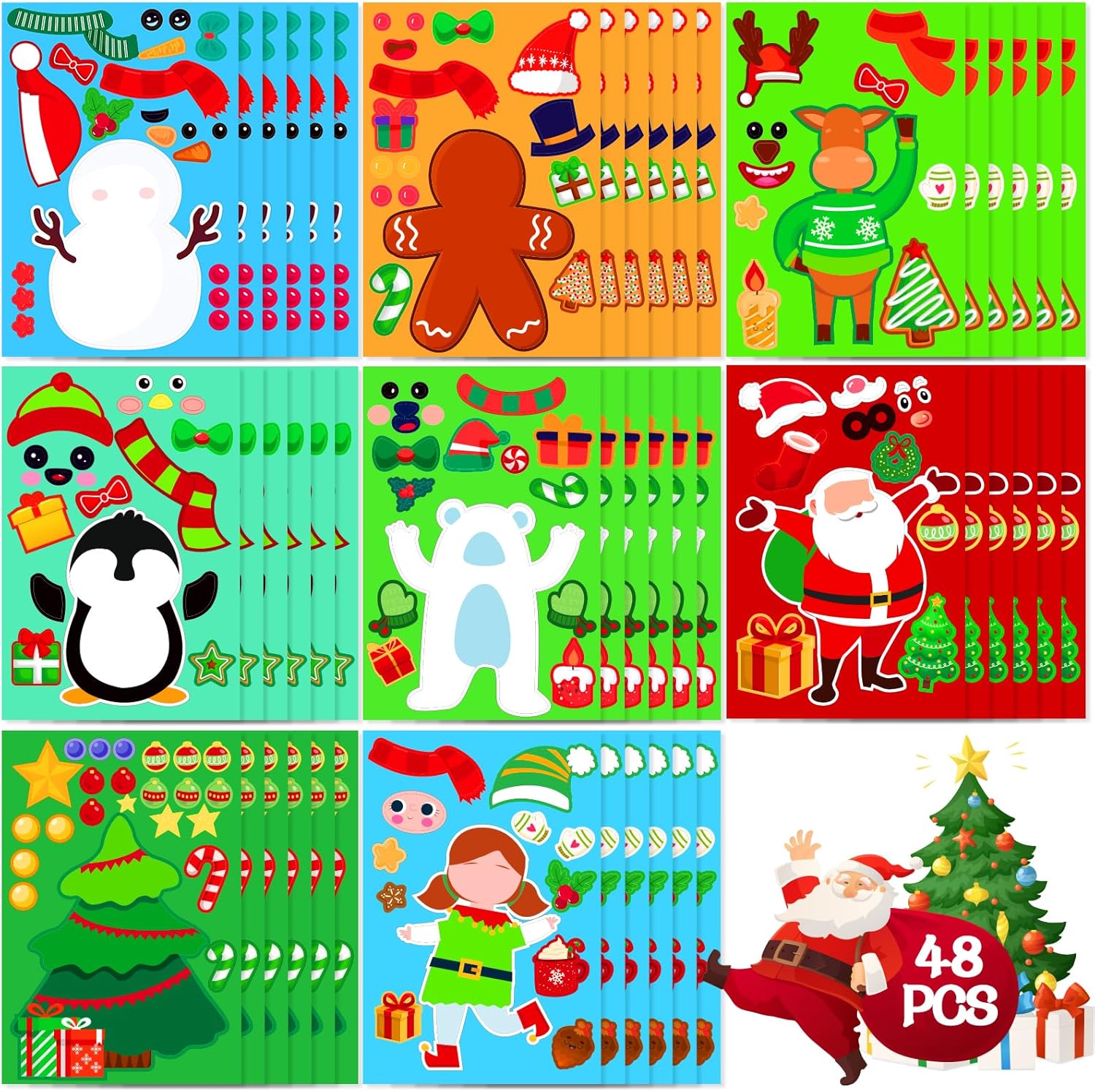 Max Fun 48 Pack Christmas Stickers for Kids Christmas Party Games Stickers Crafts Santa Snowman Reindeer Gingerbread Christmas Tree Face Stickers for Xmas Party Favors Gifts for Kids