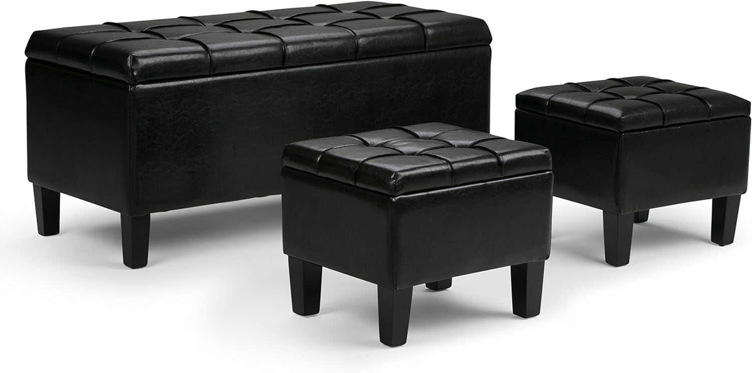 SIMPLIHOME Dover 44 inch Wide Contemporary Rectangle 3 Pc Storage Ottoman in Midnight Black Vegan Faux Leather, Assembled, For the Living Room, Entryway and Family Room