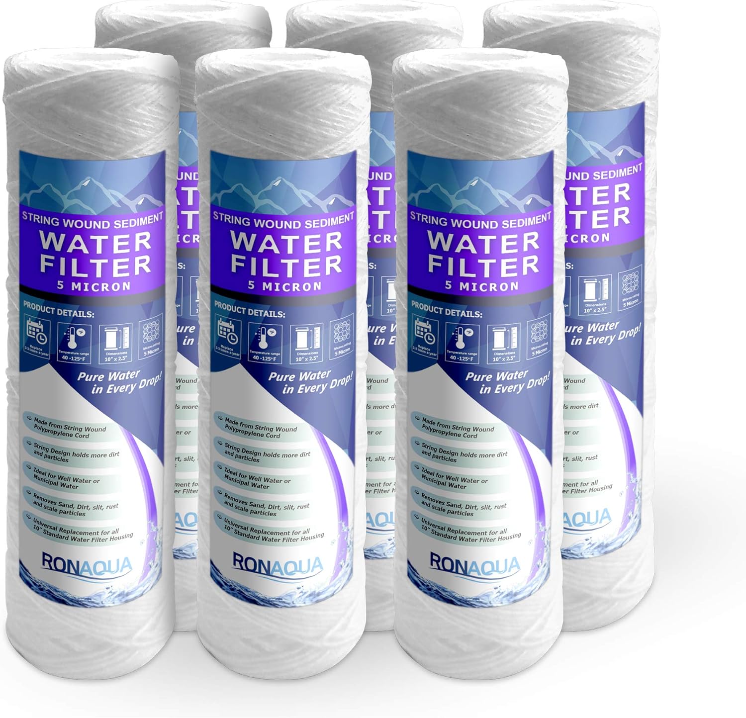 6 Ronaqua Wound String 5 Micron Sediment Water Filter Cartridges 10 Inc. x 2.5 Inc. Can be used as a replacement for any RO system. WELL-MATCHED with PFC4002, RS2-DS, WP5, WFPFC4002, 43235-76350