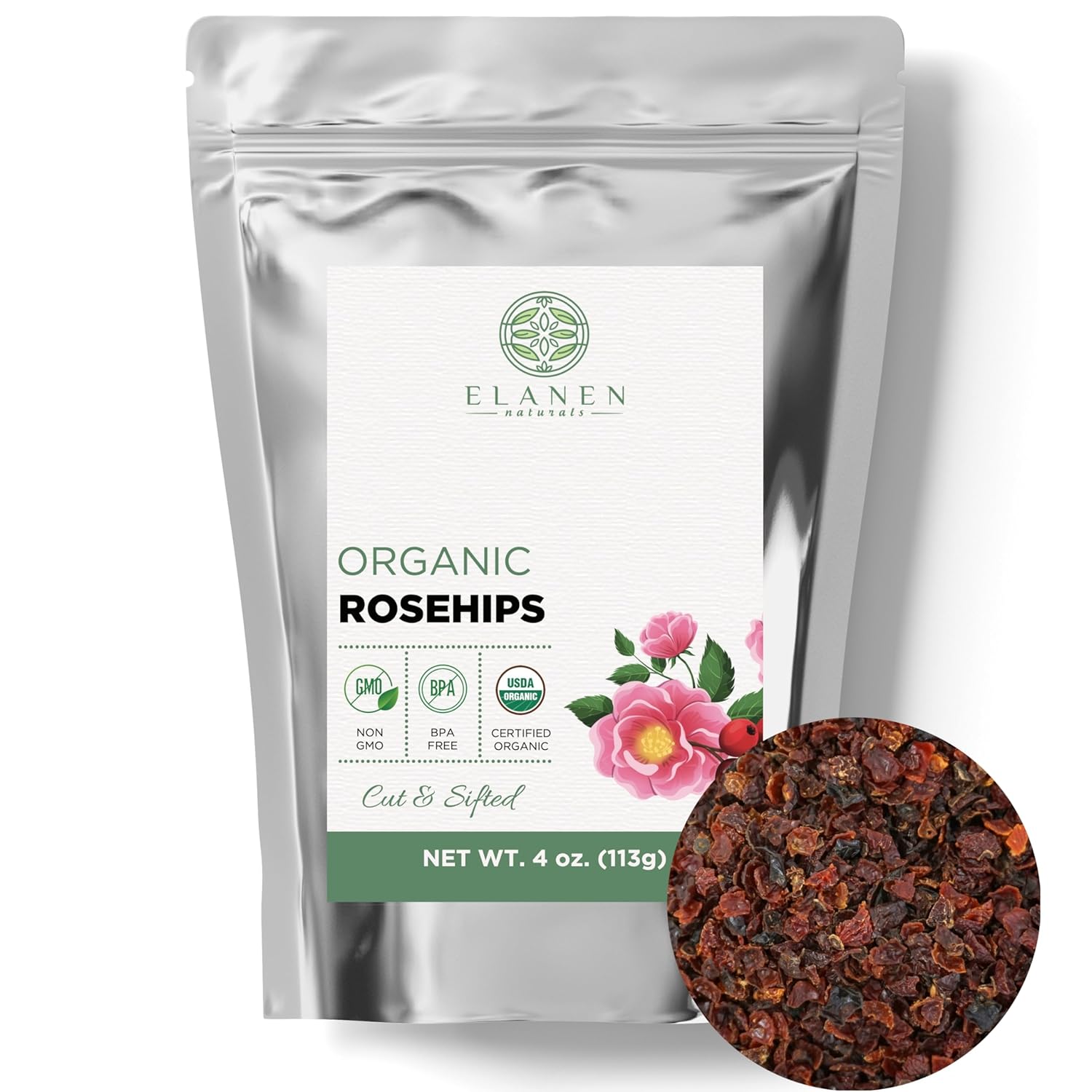 Organic Rose Hips 4 oz. (113g), USDA Certified Organic Rosehip Tea, Dried Rose Hips Dried Organic, Rose Hip Tea Organic, Whole Rose Hips Bulk, Cut & Sifted