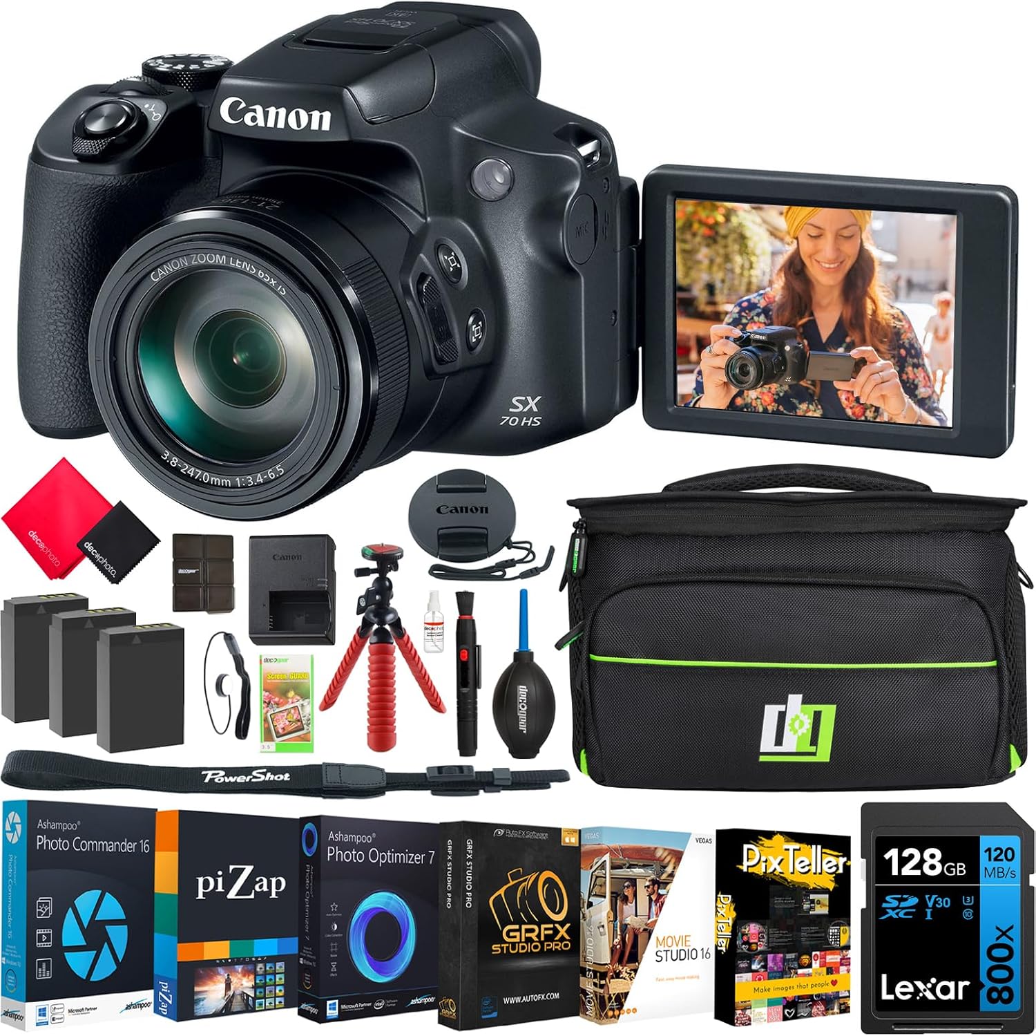 Canon PowerShot SX70 HS 20.3MP Factory Fresh Camera | Official Canon USA Partner Model | Bundle with Deco Gear Bag, 2X Vivitar LP-E12 Batteries, Lexar 128GB SDXC Memory Card, and Software Suite