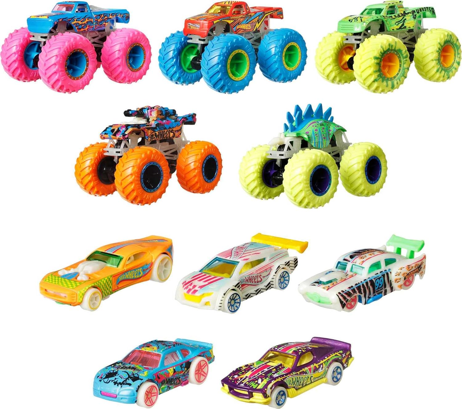 Hot Wheels Toy Monster Trucks 10-Pack, Set of 5 Glow in The Dark 1:64 Scale Trucks & 5 GITD 1:64 Scale Cars, Play Vehicles for Kids & Collectors