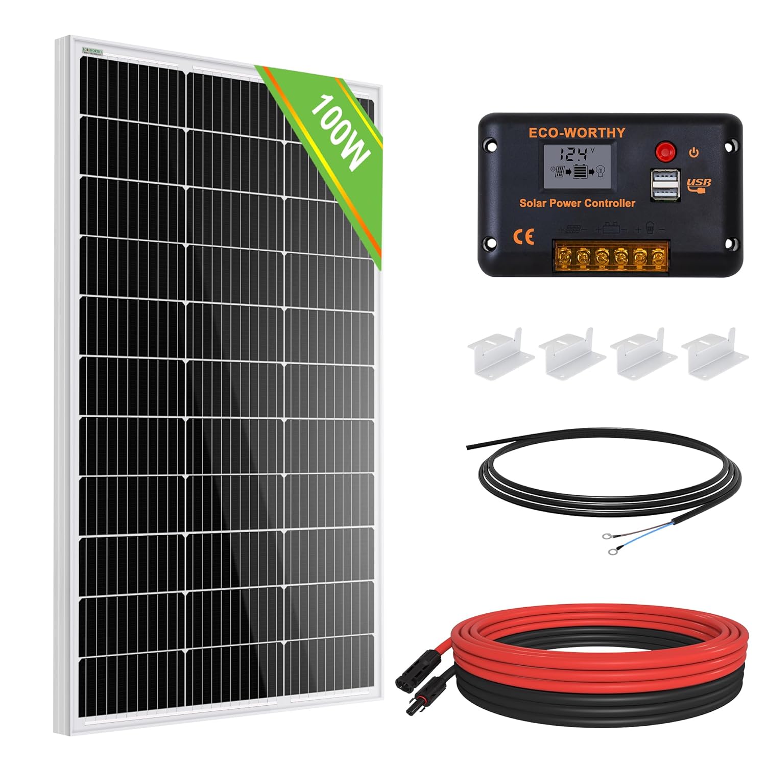 ECO-WORTHY 100 Watt 12 Volt Solar Panel Kit for RV Battery Boat Trailer Cabin Garden Shed Home: 100W Solar Panel+30A PWM Charge Controller+ Tray Cable + Z Mounting Brackets