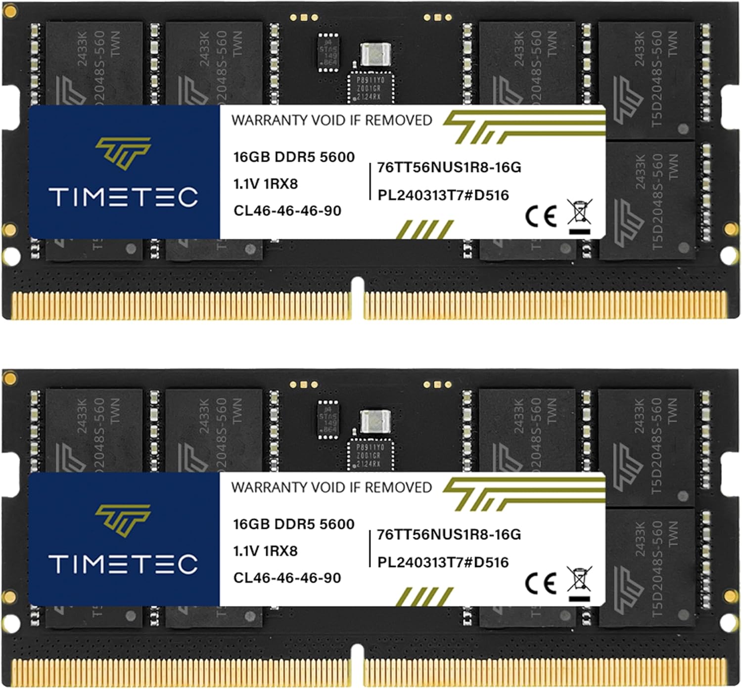 Timetec 32GB KIT(2x16GB) DDR5 5600MHz PC5-44800 Unbuffered Non-ECC 1.1V CL46 1Rx8 Single Rank 262 Pin SODIMM Laptop Memory RAM Module Upgrade