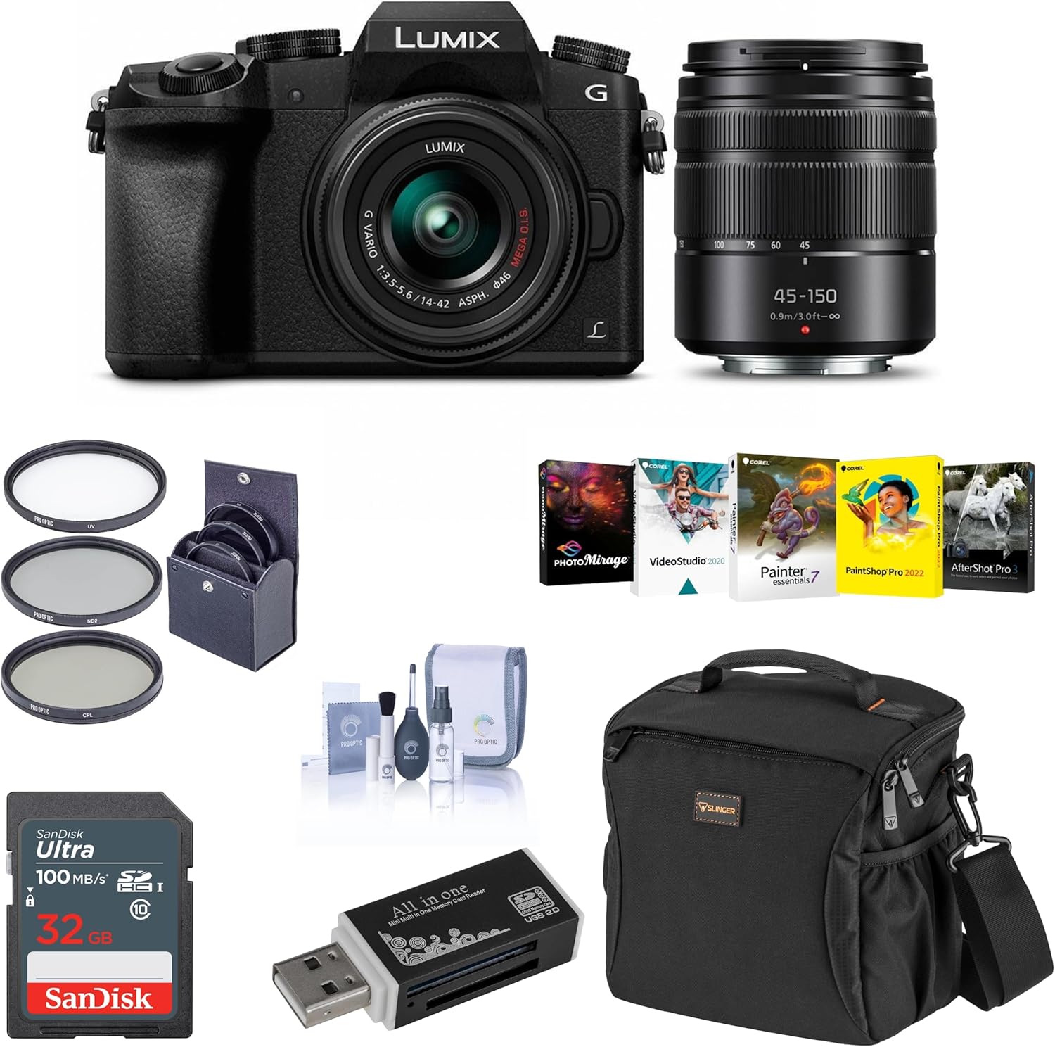 Panasonic Lumix DMC-G7 Mirrorless Camera with Lumix G Vario 14-42mm and 45-150mm Lenses Lens, Black – Bundle with Camera Case, 32GB SDHC Card, 46mm/52mm UV Filters, Pc Software Pack and More